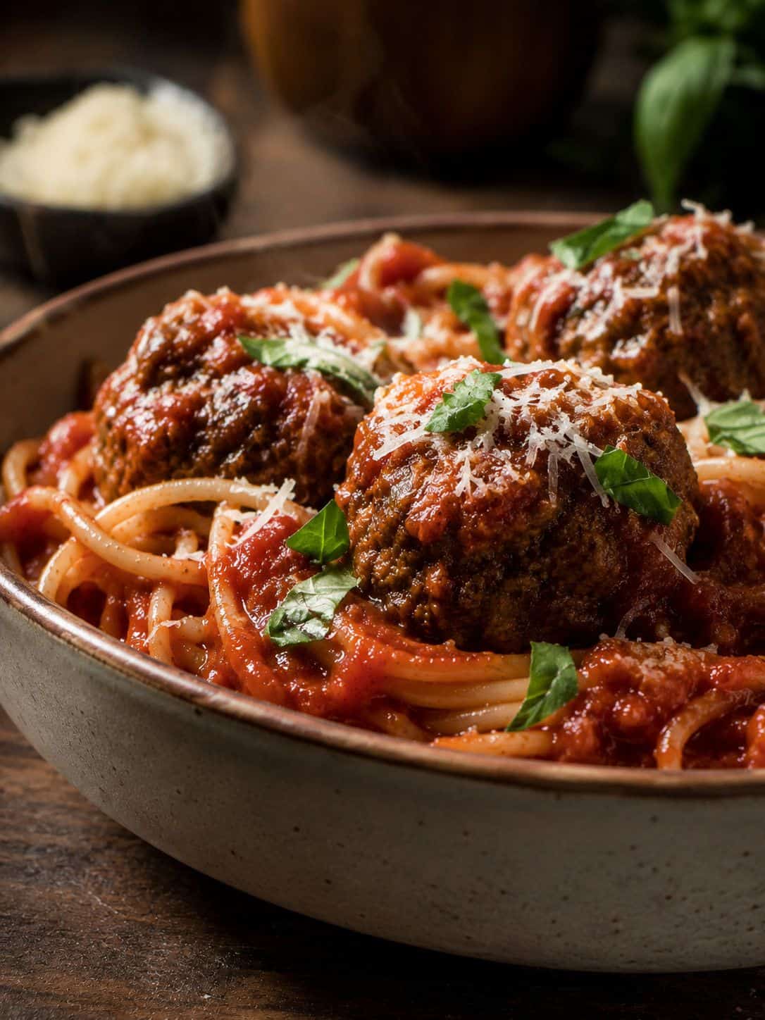 Gluten-Free Meatballs in Tomato Sauce Pasta (45 Minutes) Bowl of gluten-free spaghetti with meatballs and basil