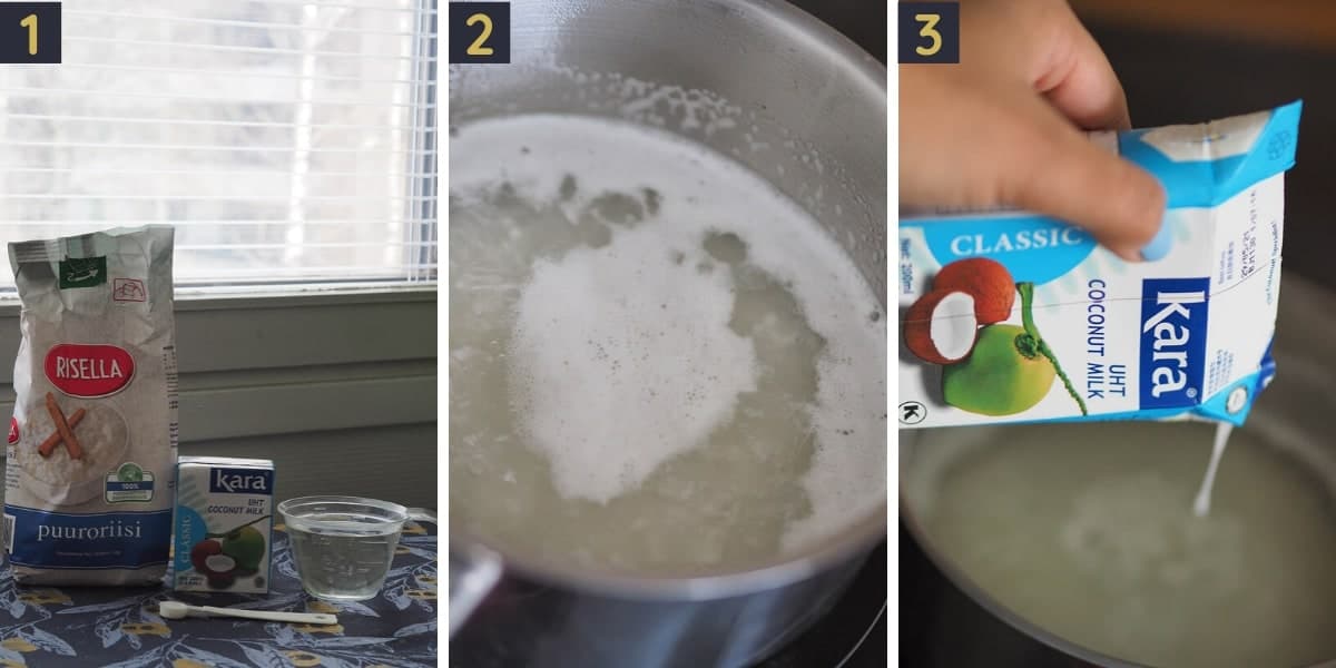Coconut Dairy Free Rice Pudding, Creamy in 30 Minutes Coconut milk being stirred into cooked rice in a pot