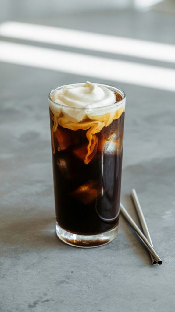 Vanilla sweet cream cold brew in a tall glass