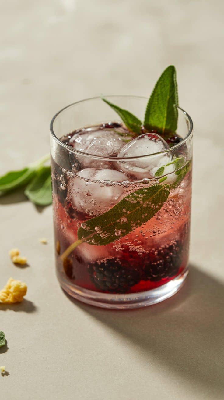 Dark berry fall mocktail over ice in a short glass with a sage leaf garnish on a pale table