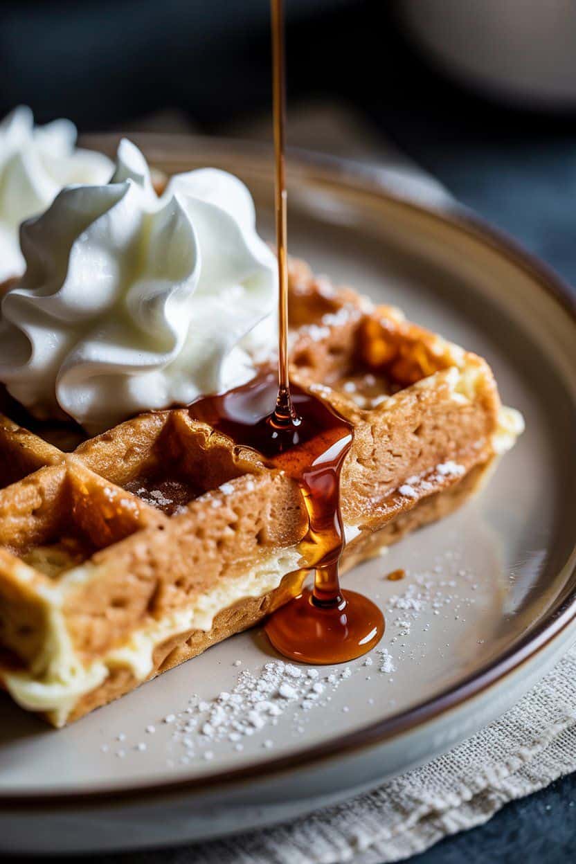 Golden waffle topped with whipped cream and maple syrup, perfect for a festive Christmas breakfast.