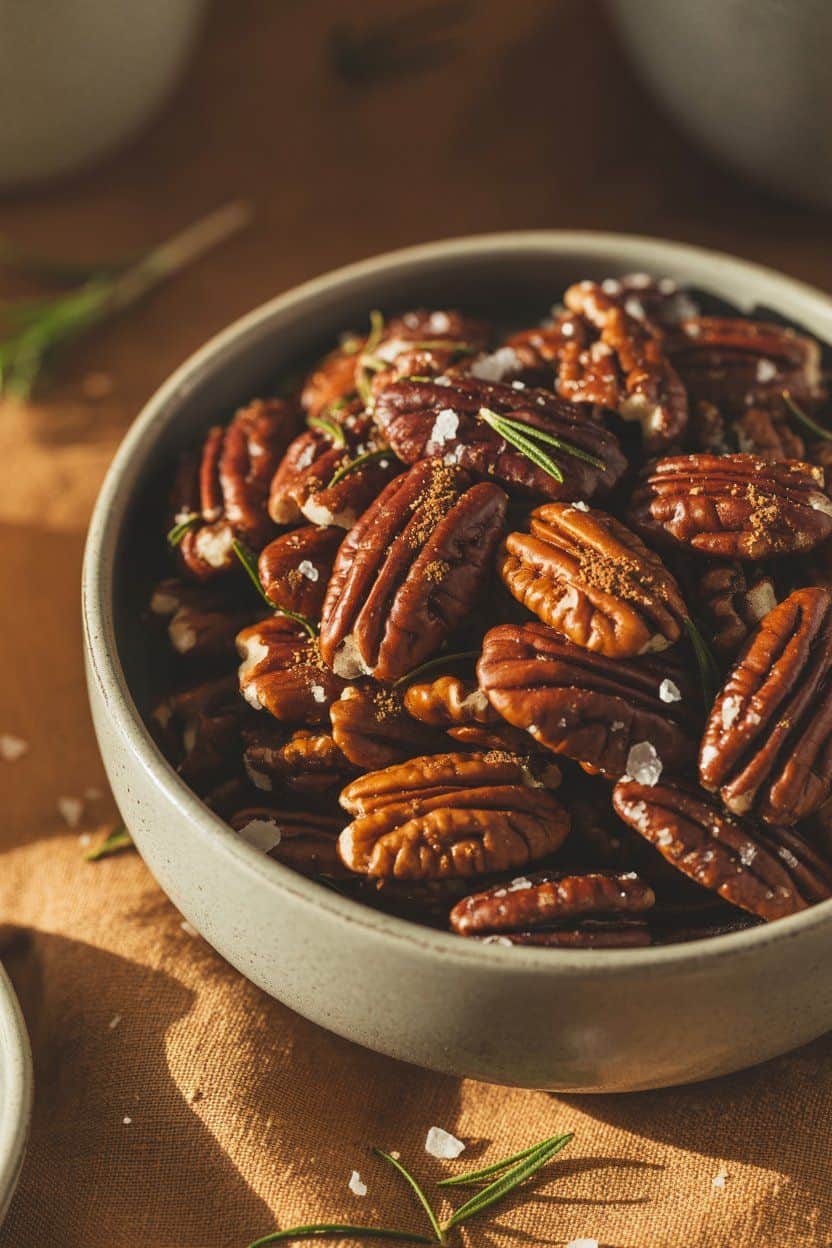 Glazed pecans with rosemary sprigs and flaky sea salt in a gray ceramic bowl on a burlap cloth, a make-ahead Christmas snack