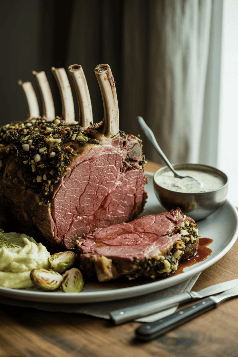Roasted prime rib with herb crust, mashed potatoes, and Brussels sprouts, ideal for Christmas dinner.