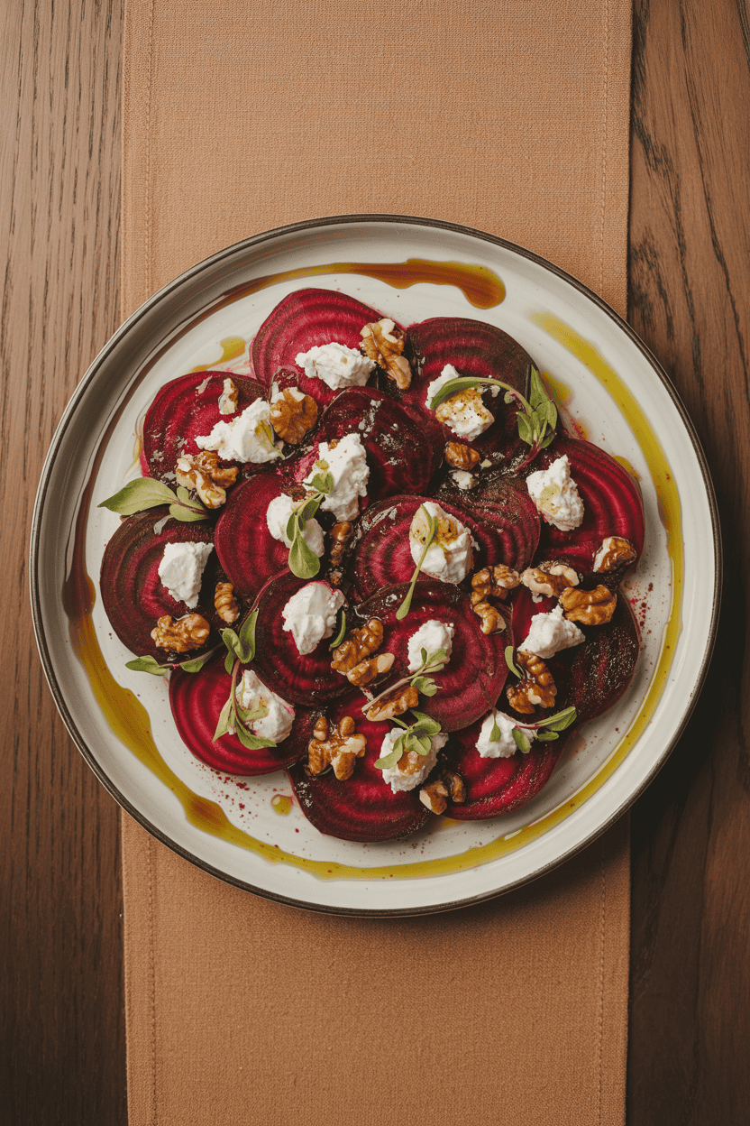 Beetroot salad with goat cheese, walnuts, and fresh herbs, a delicious Christmas side dish.