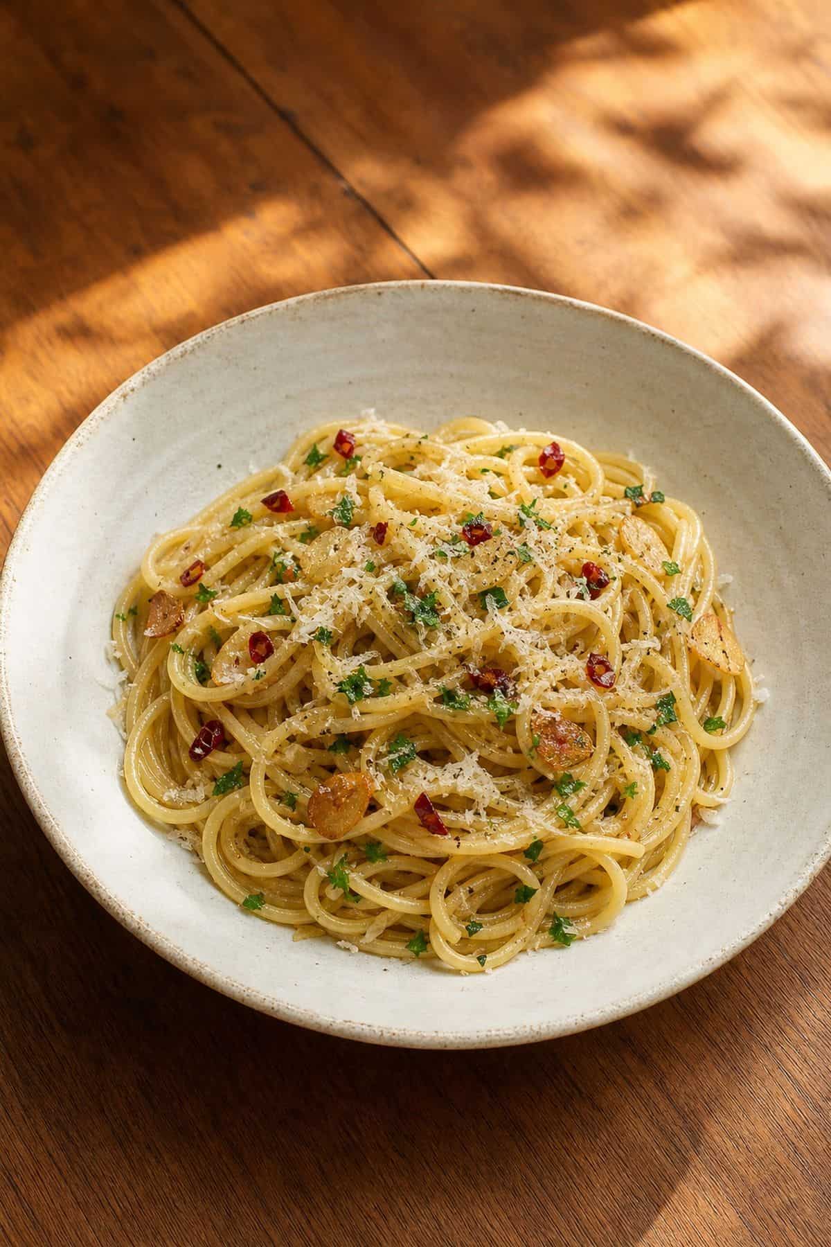 Spaghetti Aglio e Olio Recipe (Italian Garlic Pasta) Spaghetti aglio e olio with golden garlic slices, chili flakes, parsley, and parmesan in a ceramic bowl.