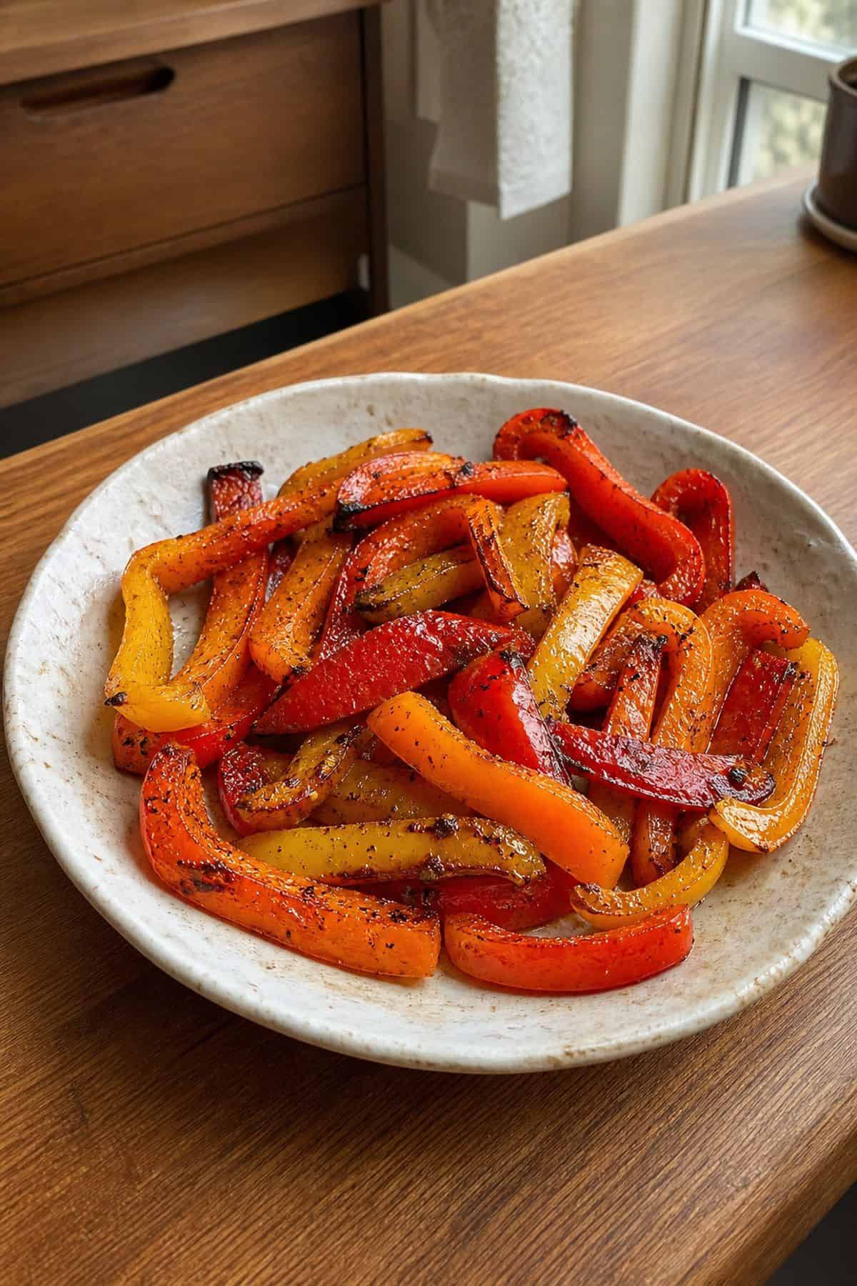 Air fryer bell peppers with blistered red, yellow, and orange pepper strips on a ceramic plate.