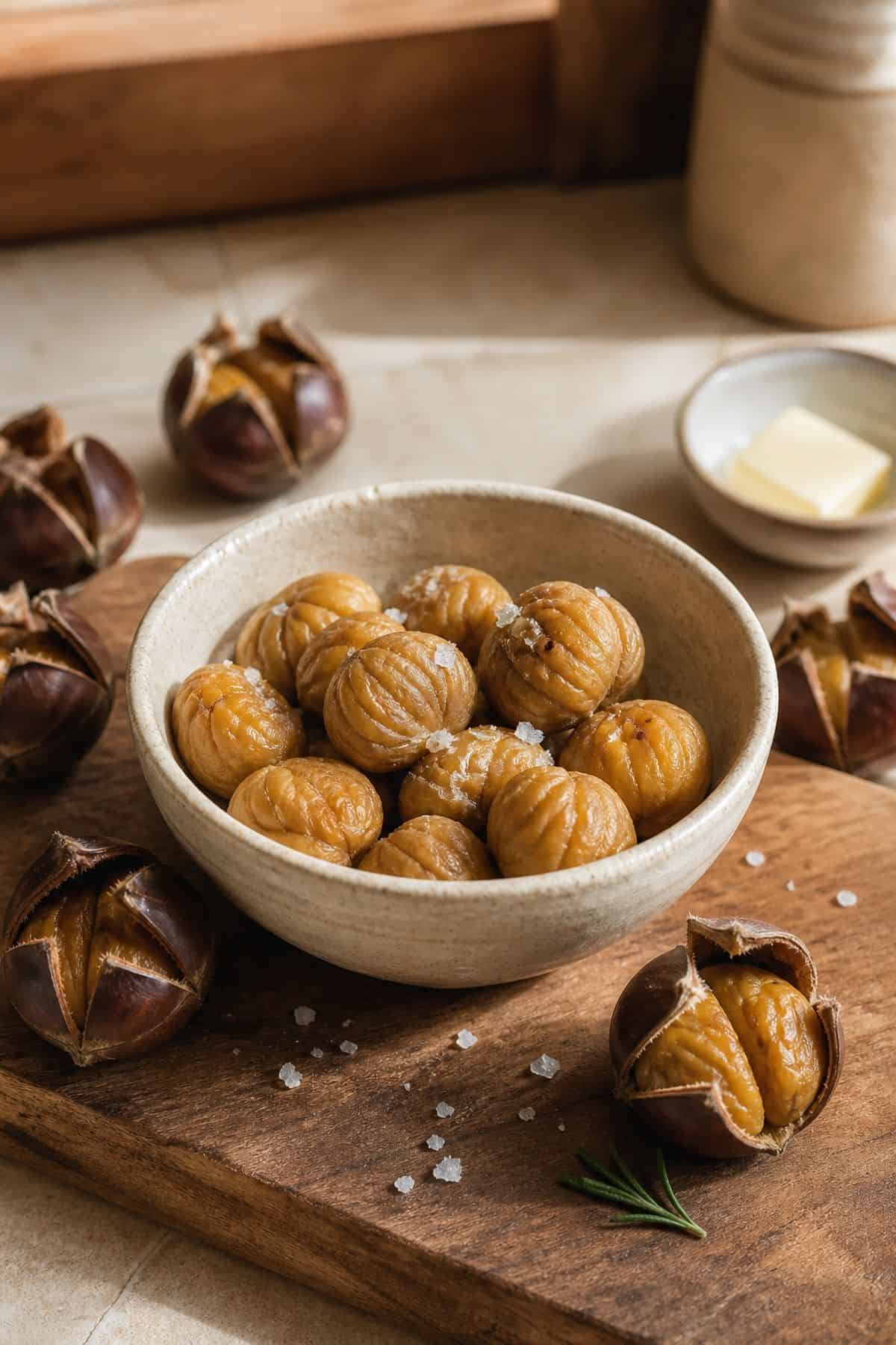 Air Fryer Chestnuts Recipe (Perfectly Roasted and Easy to Peel) Air fryer roasted chestnuts with flaky salt in a ceramic bowl.