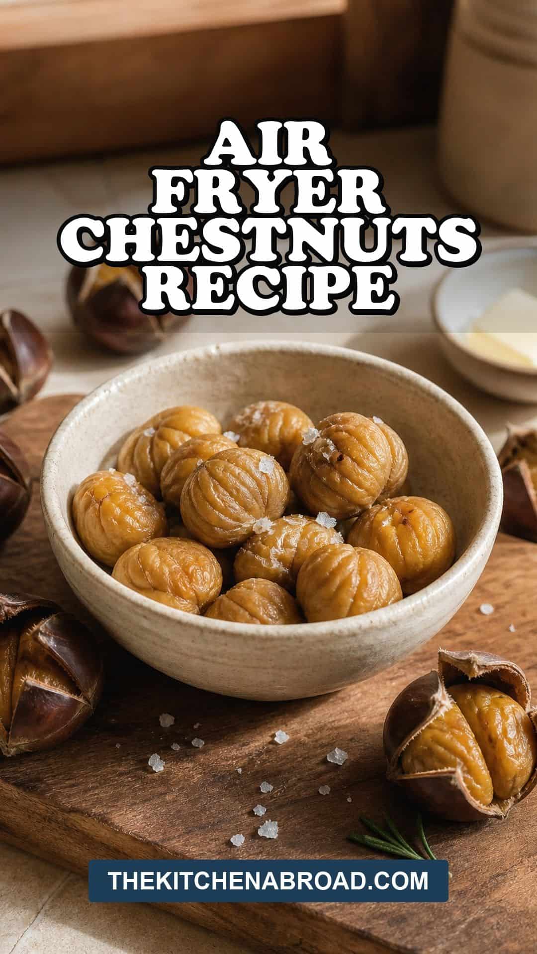 Air Fryer Chestnuts Recipe (Perfectly Roasted and Easy to Peel) Air fryer chestnuts recipe pin with roasted chestnuts in a cozy kitchen.