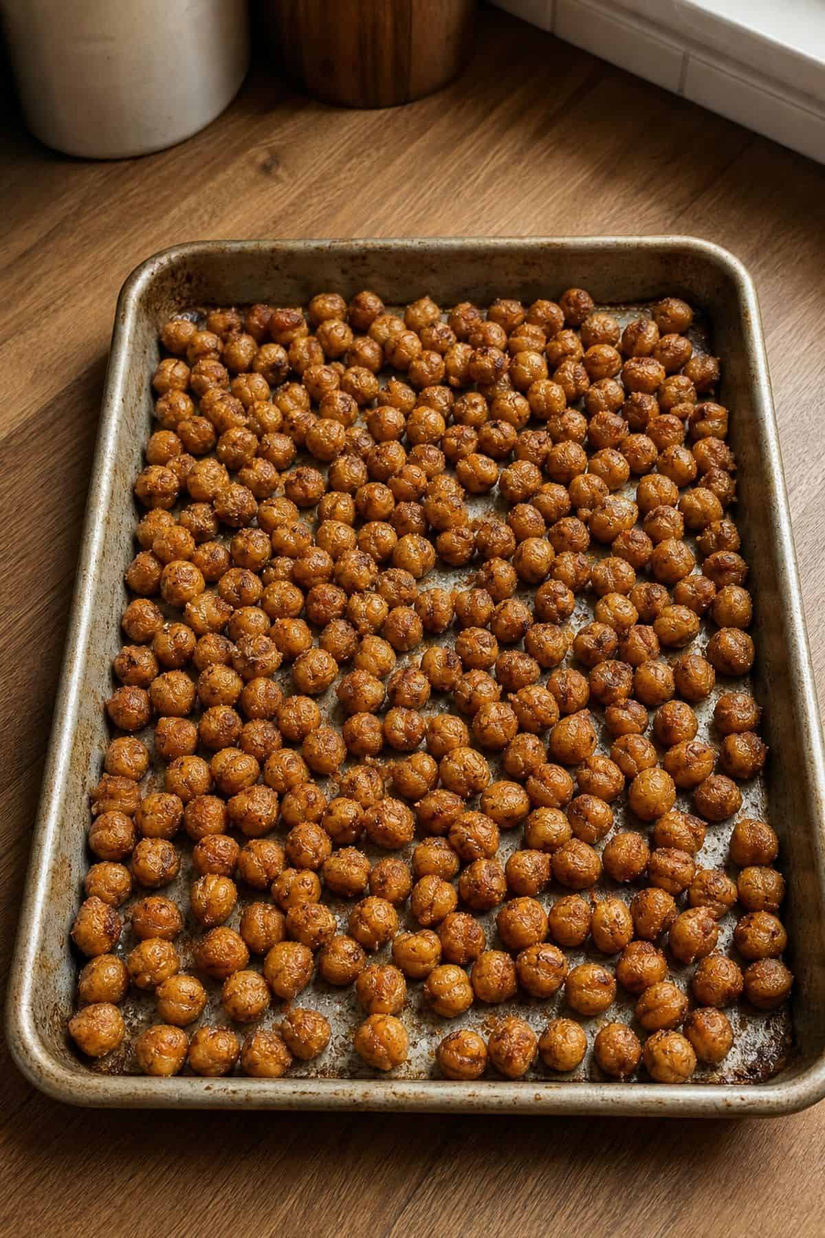 Crispy air fryer chickpeas seasoned with smoked paprika and flaky salt on a small tray.