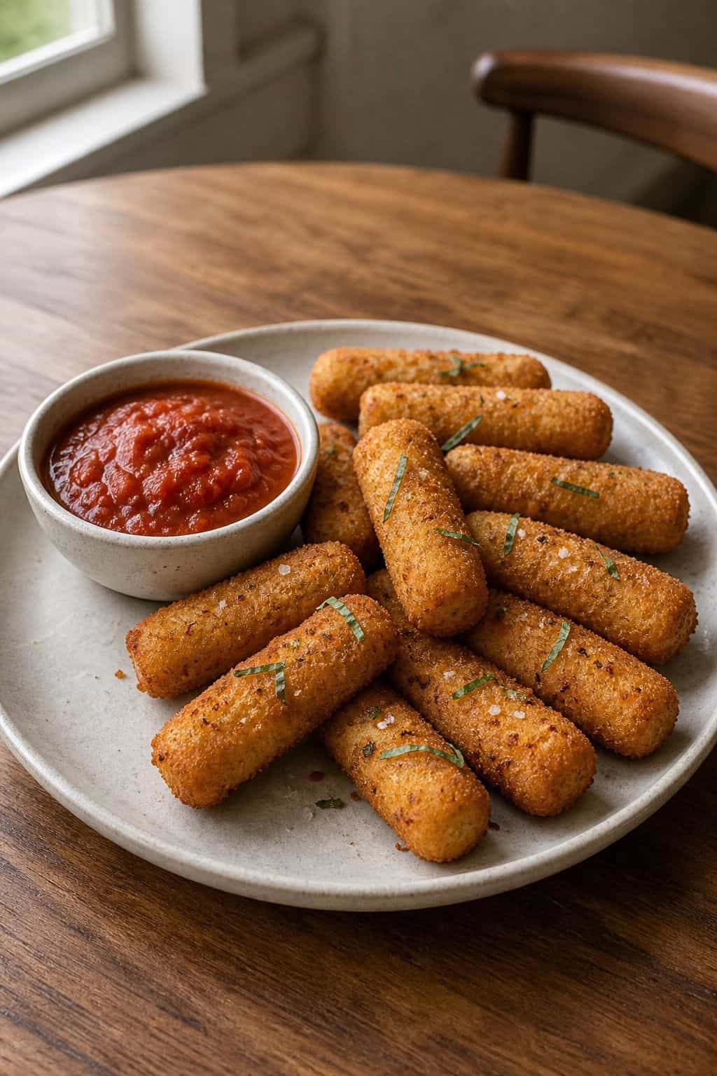 Air Fryer Frozen Mozzarella Sticks (Crispy in 8 Minutes) Golden air fryer frozen mozzarella sticks on a rustic plate with a small bowl of marinara sauce.