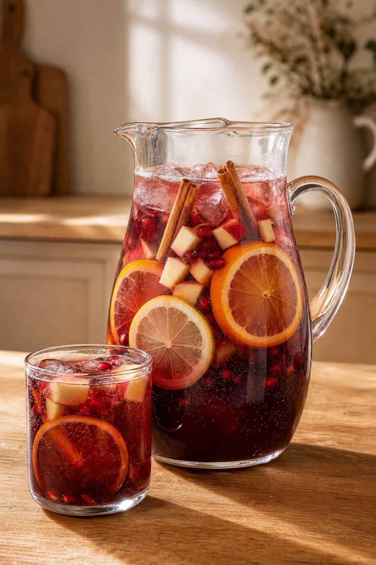 Alcohol-Free Sangria Recipe Alcohol free sangria in a glass pitcher with citrus, apple, pomegranate, cinnamon, and ice