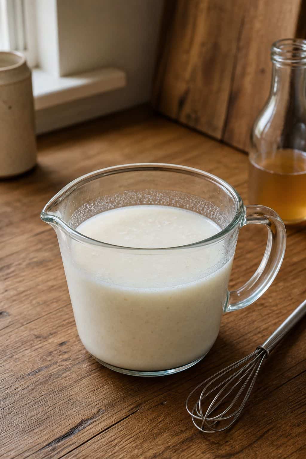 Almond Buttermilk Recipe (Dairy-Free and Done in 2 Minutes) Almond buttermilk in a glass measuring cup with apple cider vinegar and a whisk