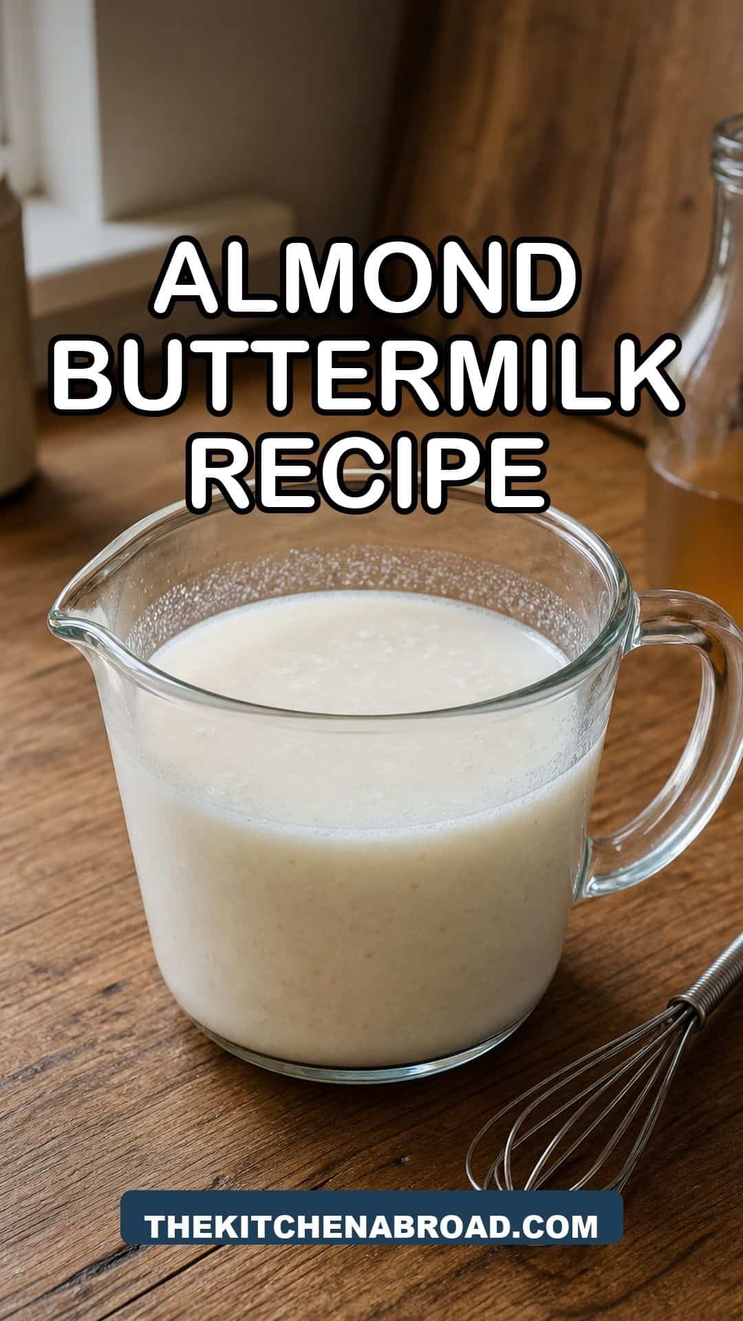 Almond Buttermilk Recipe (Dairy-Free and Done in 2 Minutes) Pinterest pin for almond buttermilk recipe with a glass measuring cup of dairy-free buttermilk