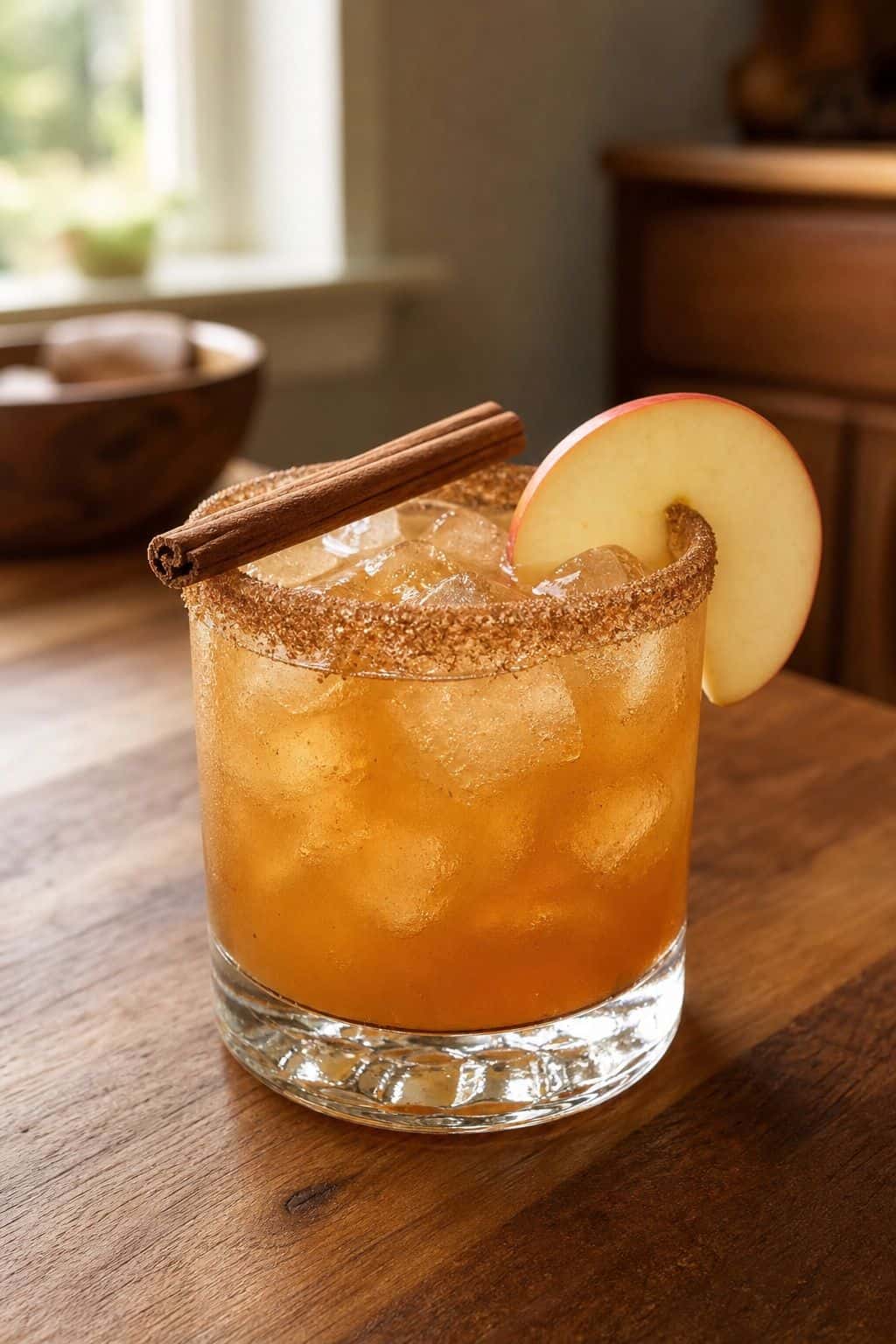 Apple cider margarita in a salt rimmed rocks glass with an apple slice and cinnamon stick