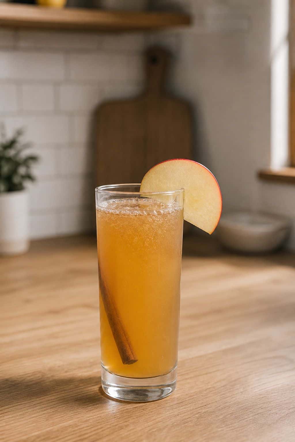 Apple cinnamon sparkler mocktail in a Collins glass with an apple slice and cinnamon stick.