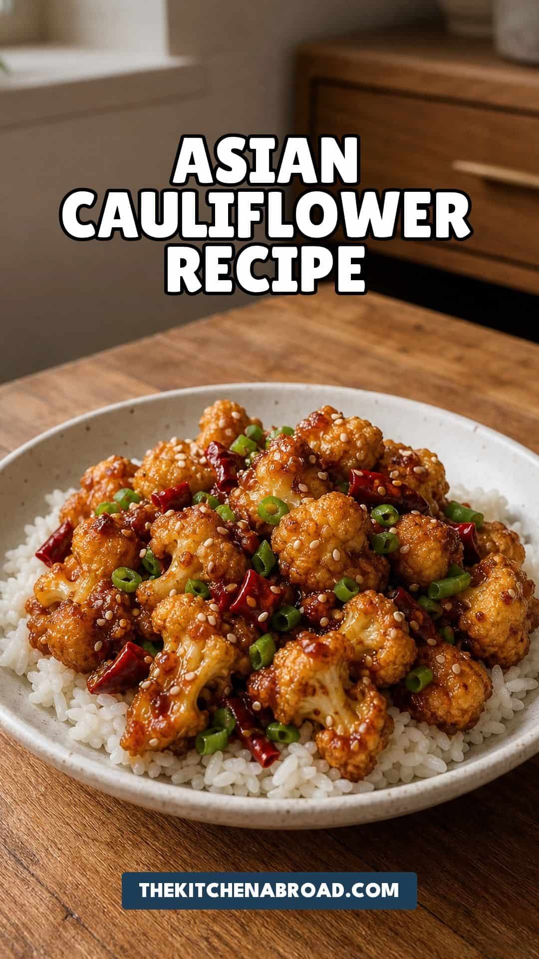 Asian cauliflower recipe Pinterest pin with roasted saucy cauliflower on a white plate.
