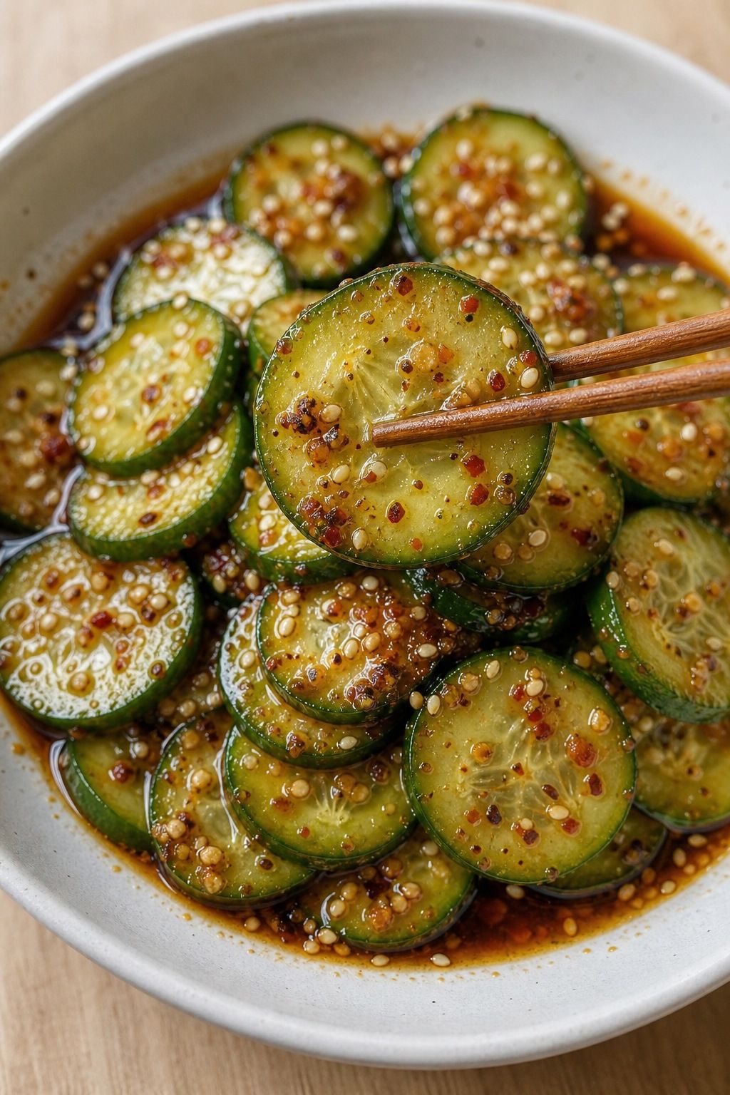 Asian Cucumber Salad Recipe with Korean Flavors Asian cucumber salad with thin cucumber slices, sesame seeds, and gochugaru dressing.