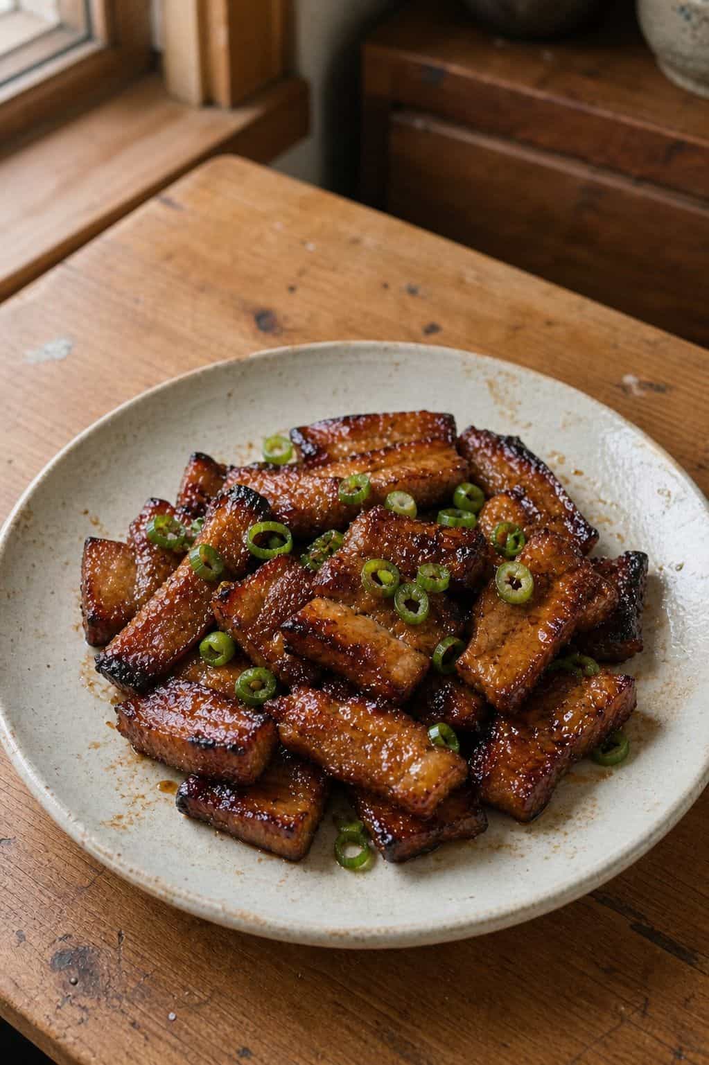 Asian Style Pan Fried Pork Belly Recipe (Korean Inspired Flavors) Sticky pan fried pork belly with caramelized edges and sliced spring onions.