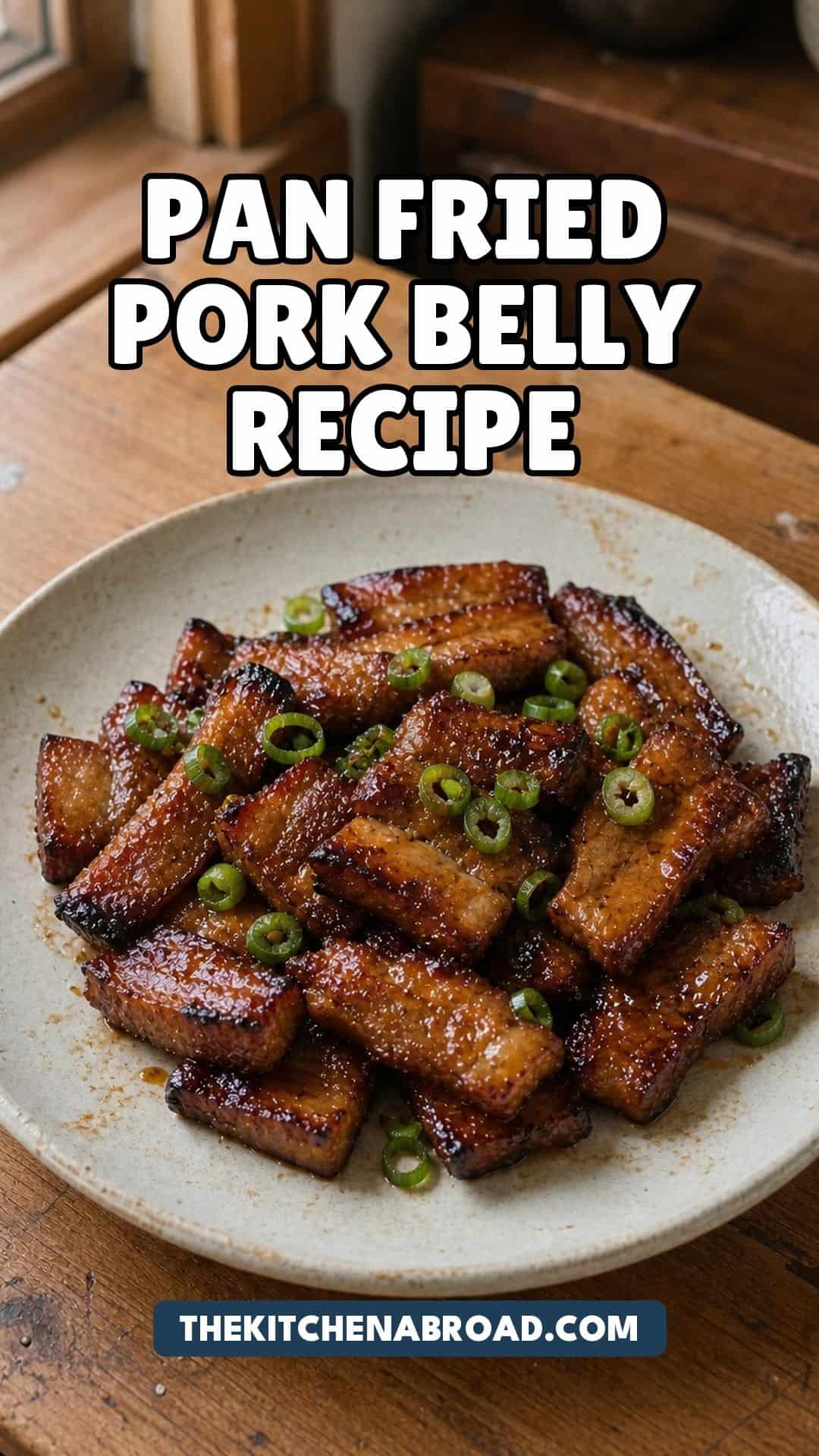 Asian Style Pan Fried Pork Belly Recipe (Korean Inspired Flavors) Asian style pan fried pork belly recipe with caramelized glaze and spring onions.