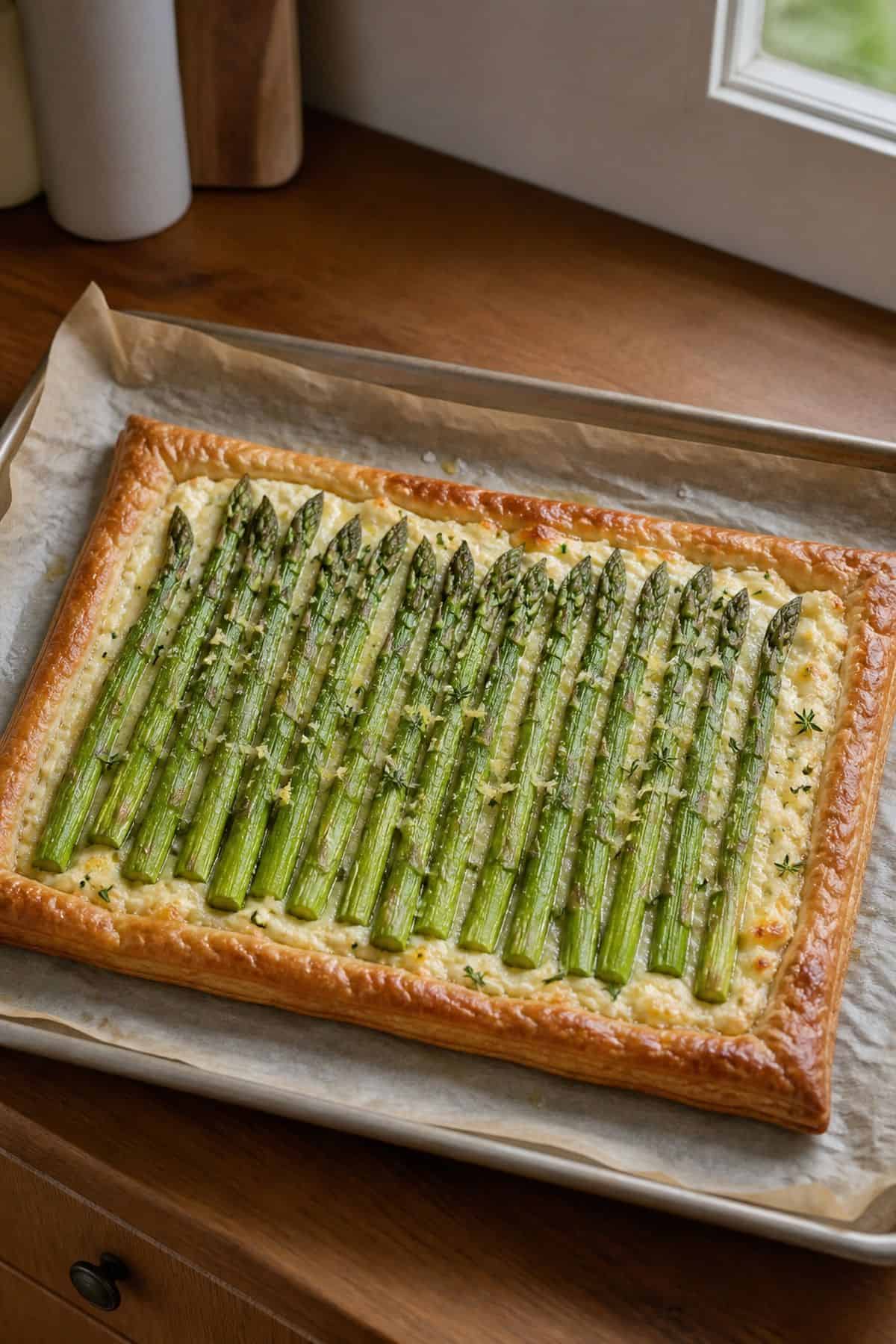 Asparagus Tart Recipe Baked asparagus tart with puff pastry, ricotta, Gruyere, Parmesan, and lemon zest