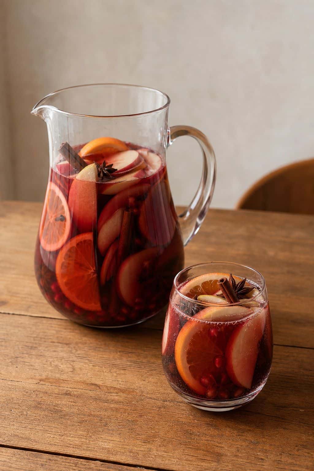 Autumn Sangria Recipe Autumn sangria in a glass pitcher and tumbler with apple orange pear pomegranate cinnamon and star anise