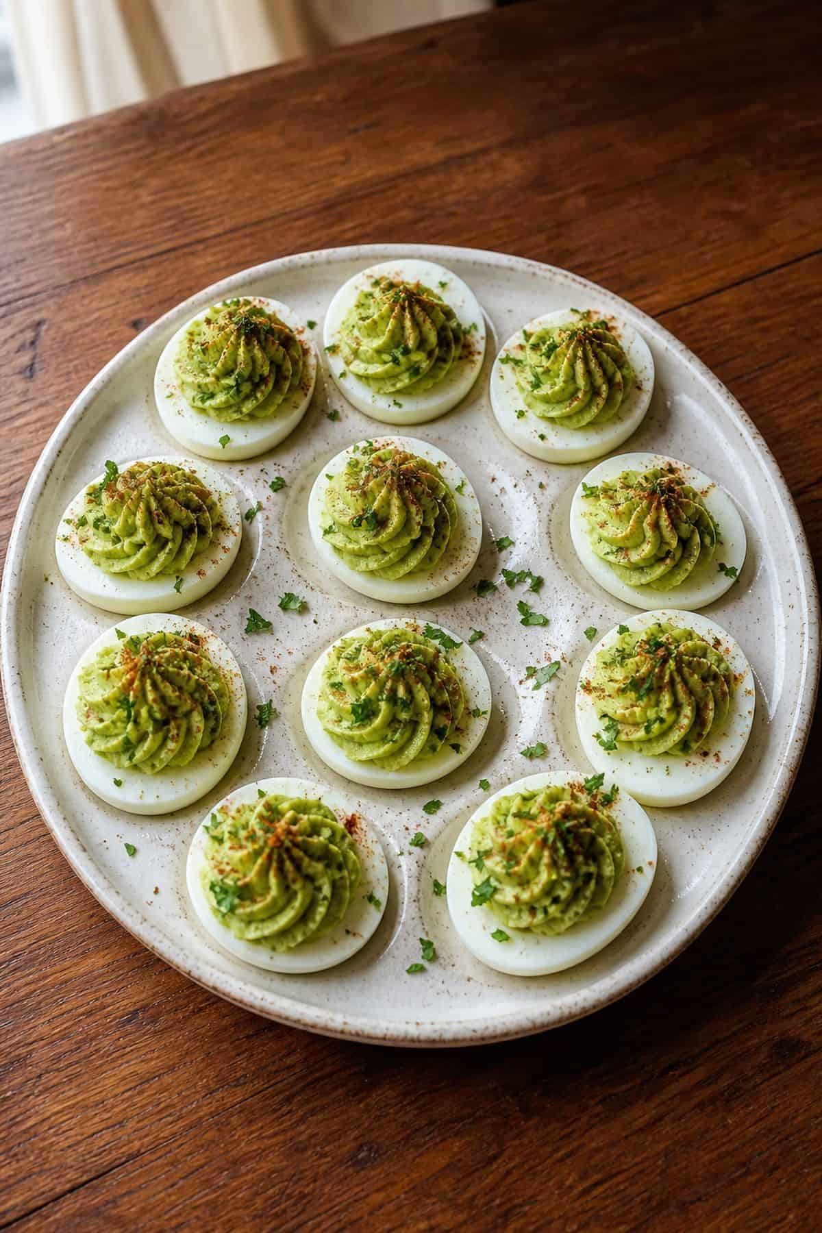 Avocado Deviled Egg Recipe Avocado deviled eggs with green avocado filling, smoked paprika, and cilantro on a ceramic platter
