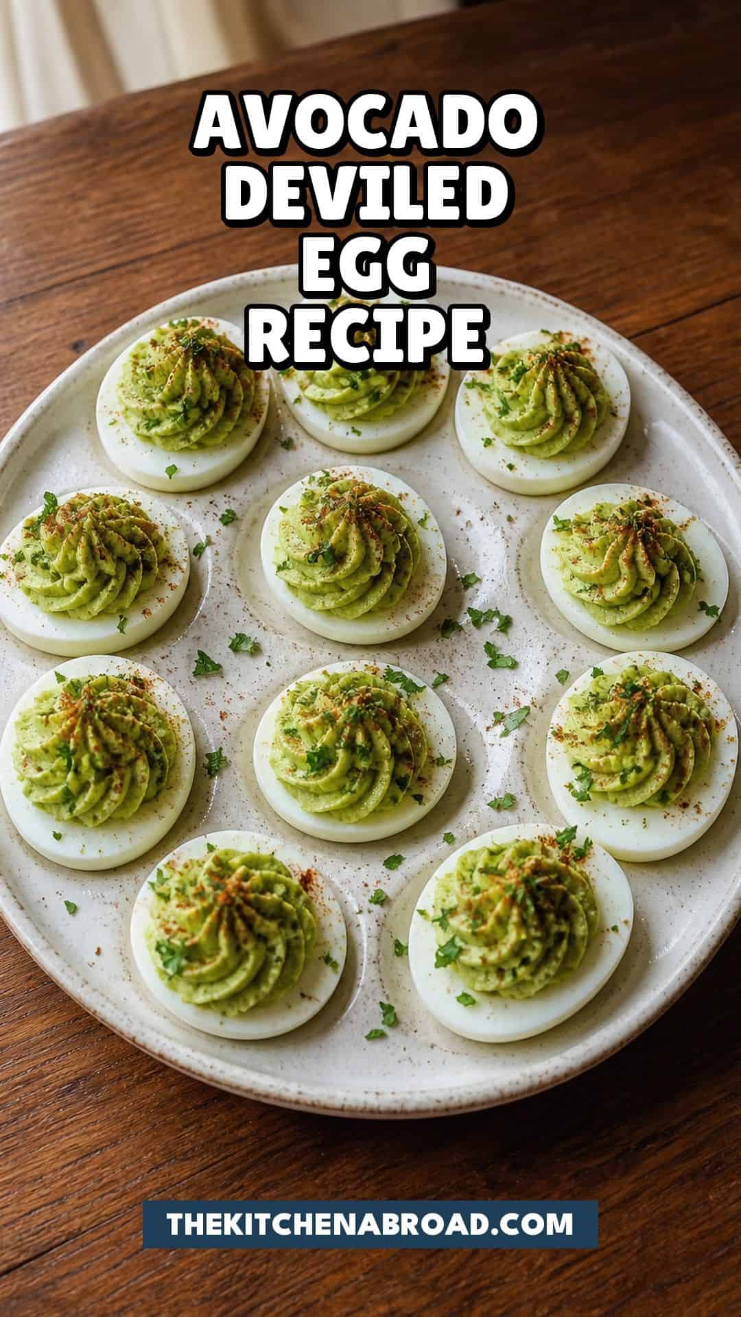 Avocado Deviled Egg Recipe Pinterest pin for avocado deviled egg recipe with green avocado deviled eggs on a rustic wooden table