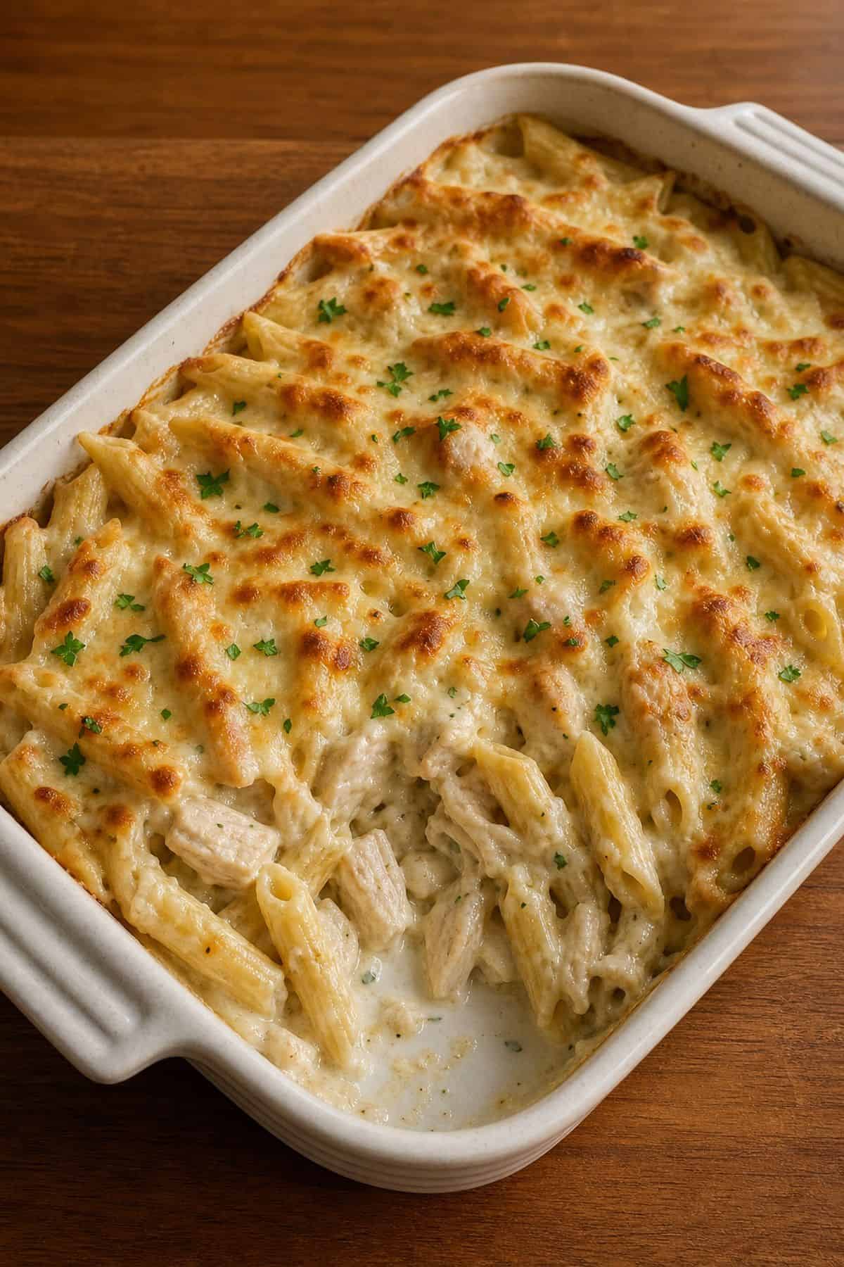 Baked Chicken Alfredo Baked chicken Alfredo with penne, creamy sauce, chicken, browned mozzarella, and parsley