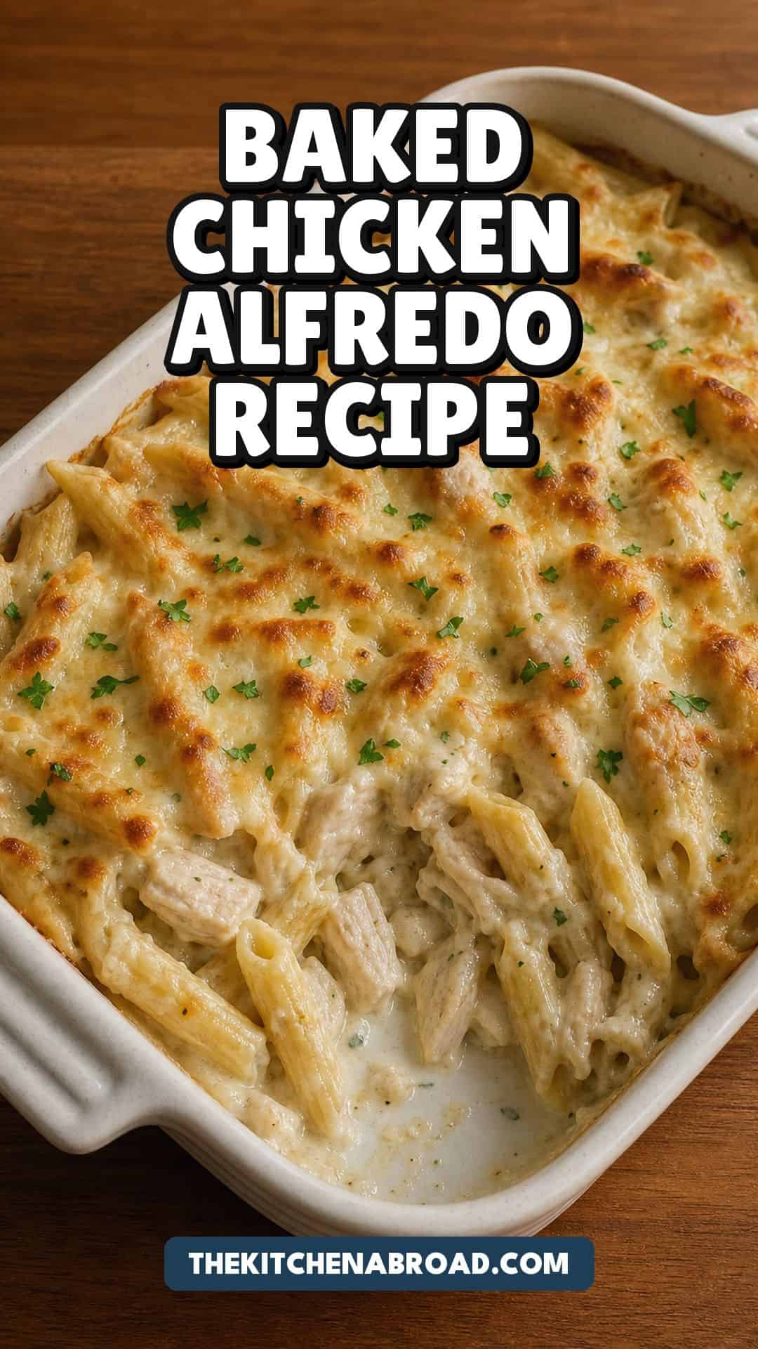 Baked Chicken Alfredo Baked chicken Alfredo recipe pin with creamy penne and browned mozzarella