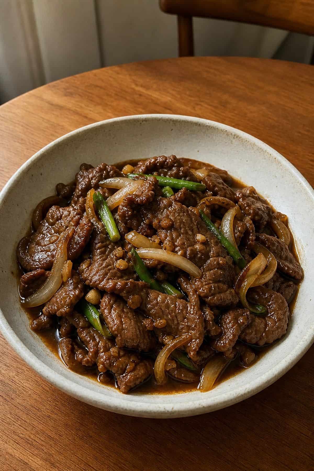 Beef in Oyster Sauce Recipe: Restaurant-Tender with the Baking Soda Secret Beef in oyster sauce with onions and scallions in a ceramic bowl