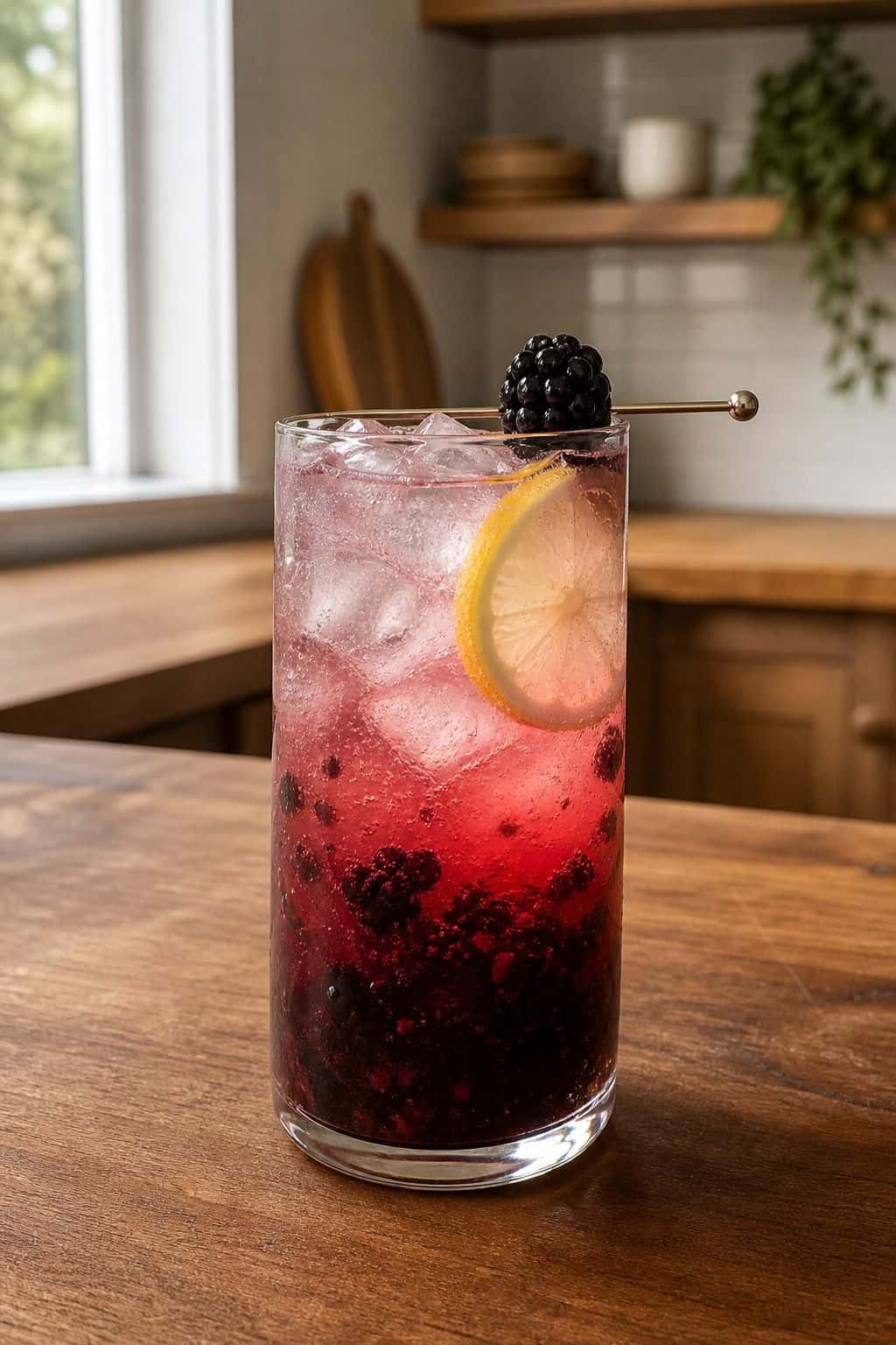 Blackberry Lemon Mocktail Recipe Finished blackberry lemon mocktail in a tall glass on a rustic kitchen counter