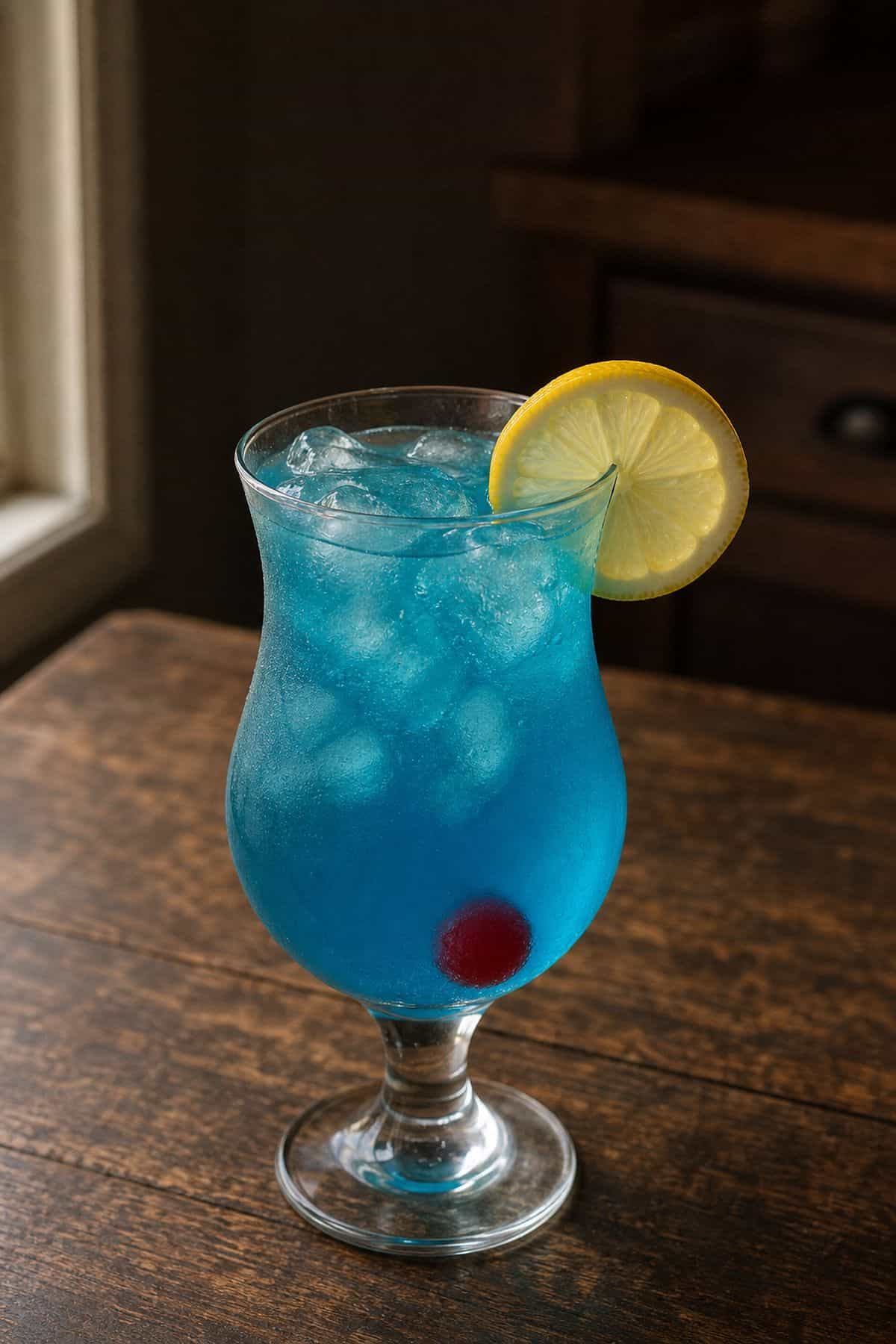 Blue Lagoon cocktail with ice lemon wheel and maraschino cherry