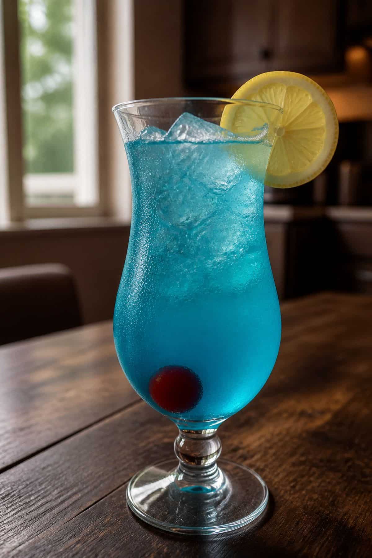 Blue Lagoon cocktail in a hurricane glass on a rustic wood table