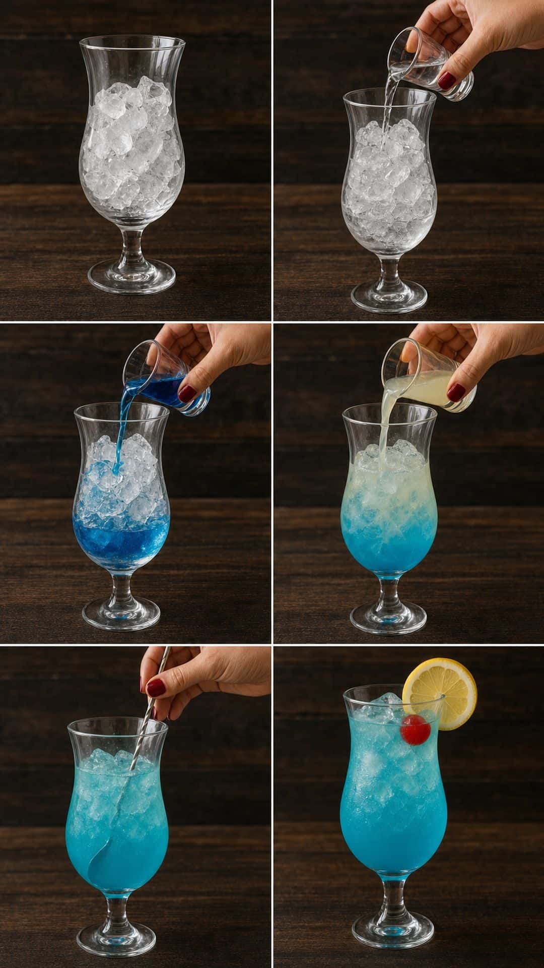Step by step photos for making a Blue Lagoon cocktail