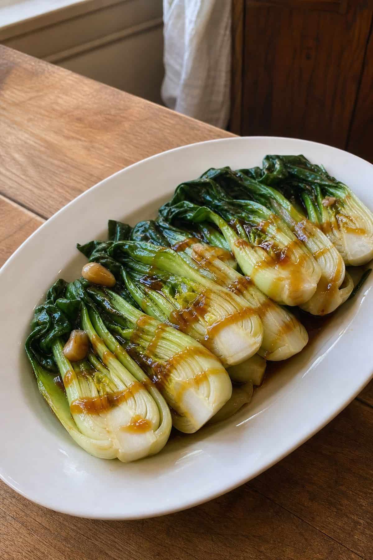 Bok Choy Oyster Sauce Recipe: Restaurant-Style Stir-Fry at Home Baby bok choy with oyster sauce drizzled over a white oval platter
