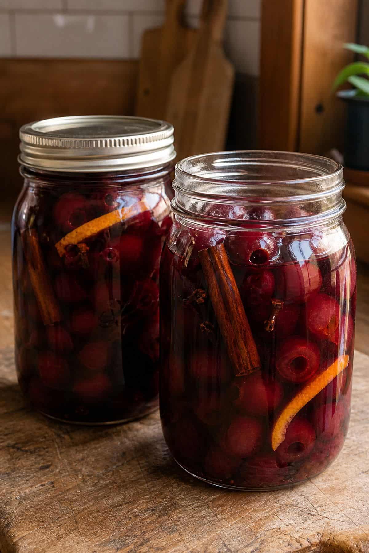 Brandied Cherries Recipe That Beats Any Store-Bought Jar Homemade brandied cherries in mason jars with cherry syrup, cinnamon, and orange peel.
