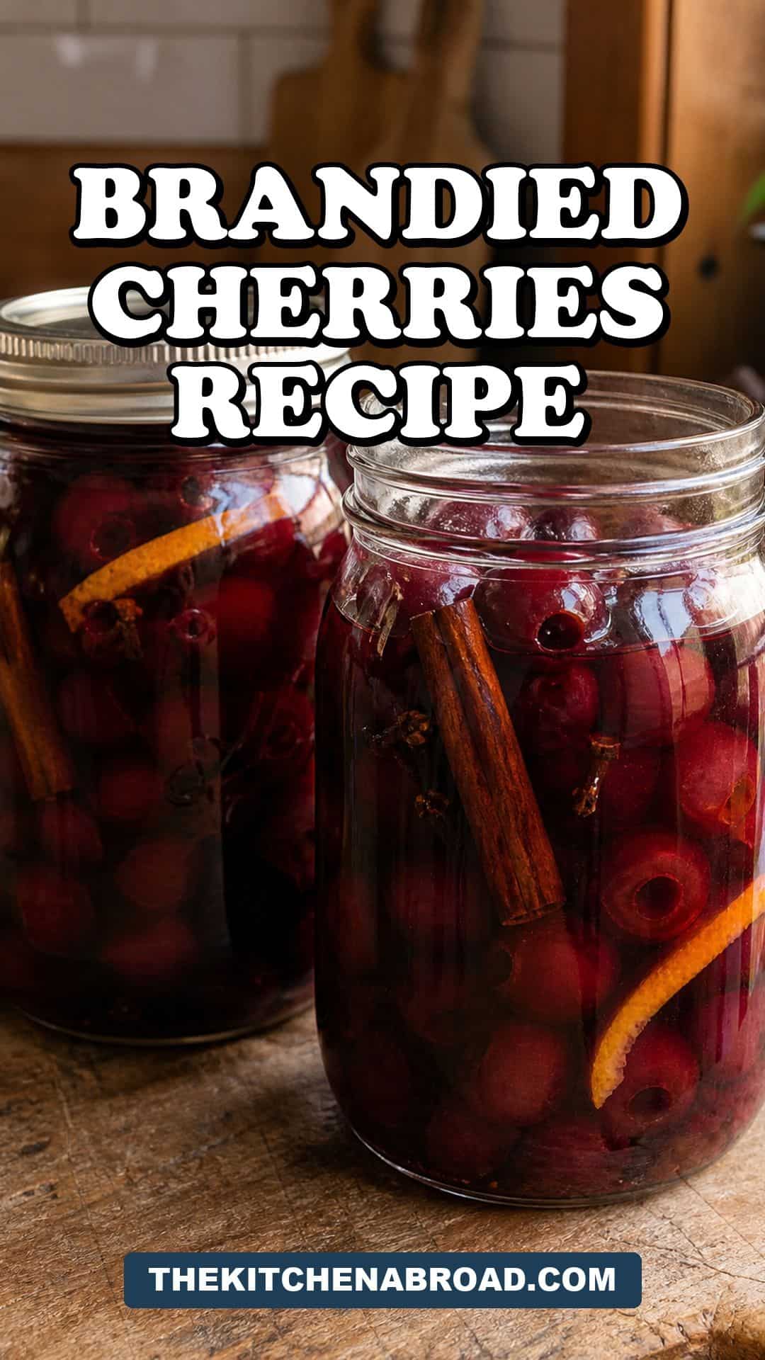 Brandied Cherries Recipe That Beats Any Store-Bought Jar Pinterest pin for a homemade brandied cherries recipe in jars.