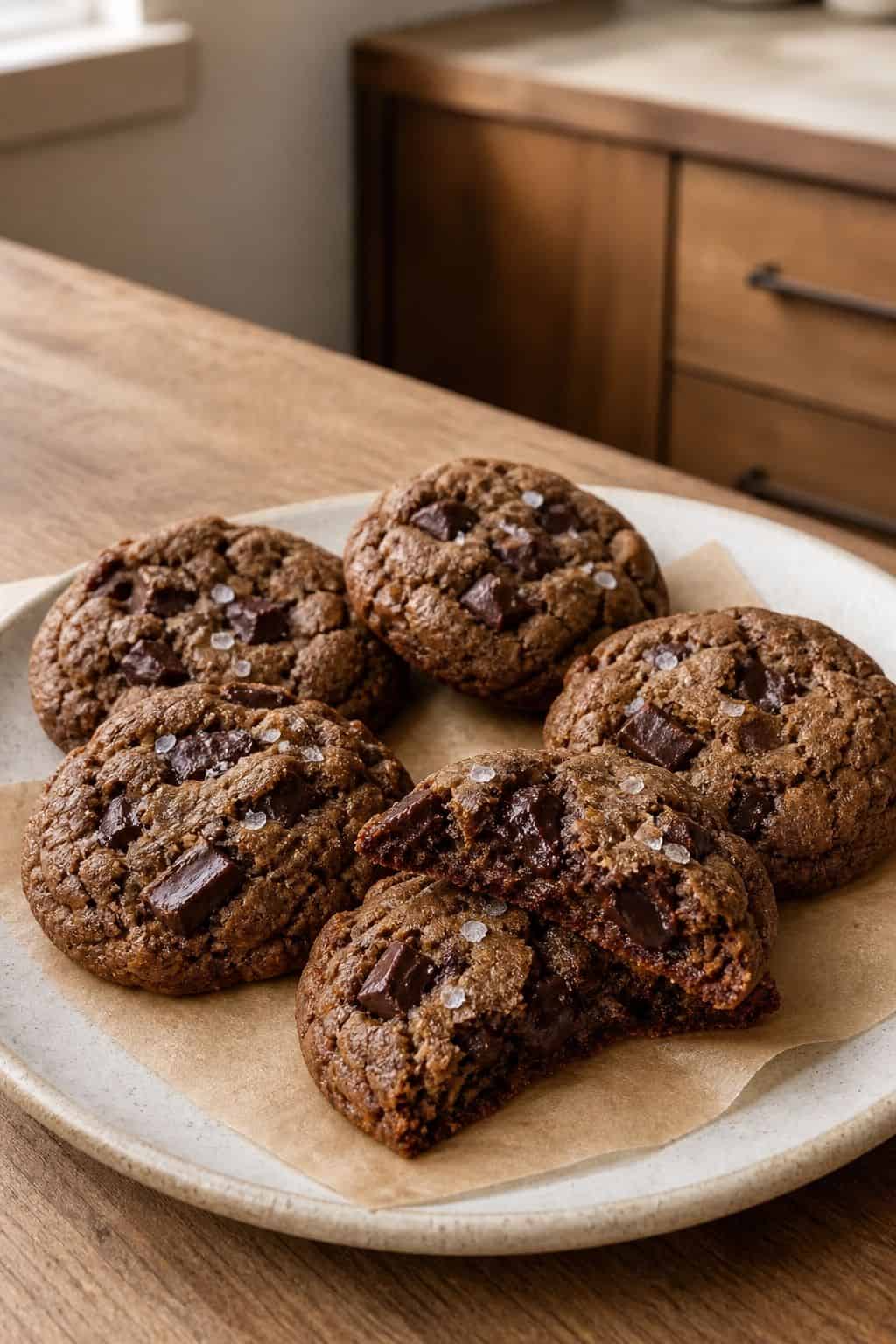 Buckwheat Cookies Recipe (Chewy, Nutty, Naturally Gluten-Free) Chewy buckwheat chocolate chunk cookies with flaky salt on parchment and a ceramic plate.