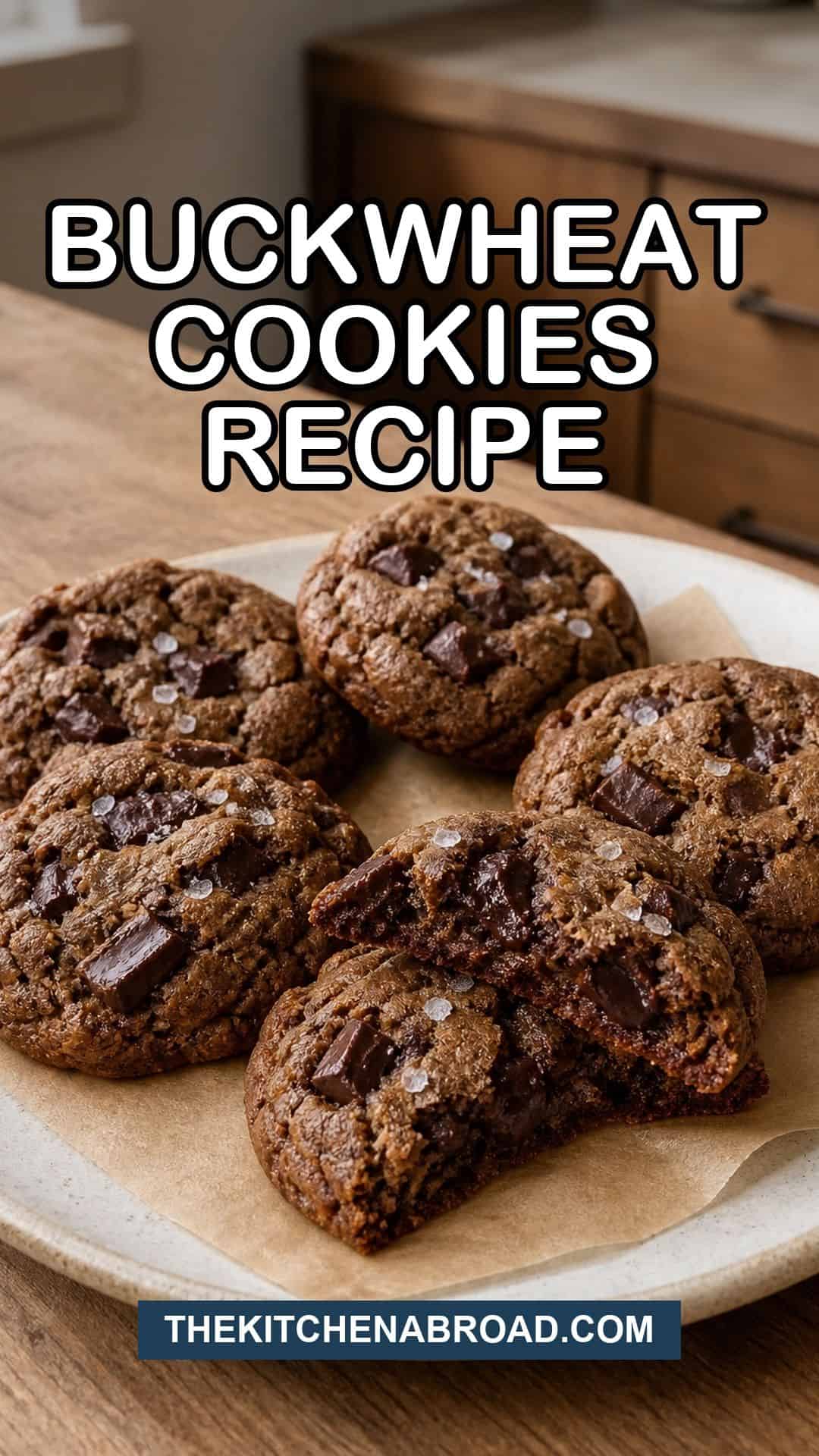 Buckwheat Cookies Recipe (Chewy, Nutty, Naturally Gluten-Free) Buckwheat cookies recipe pin with chewy chocolate chunk cookies on parchment in a warm kitchen.