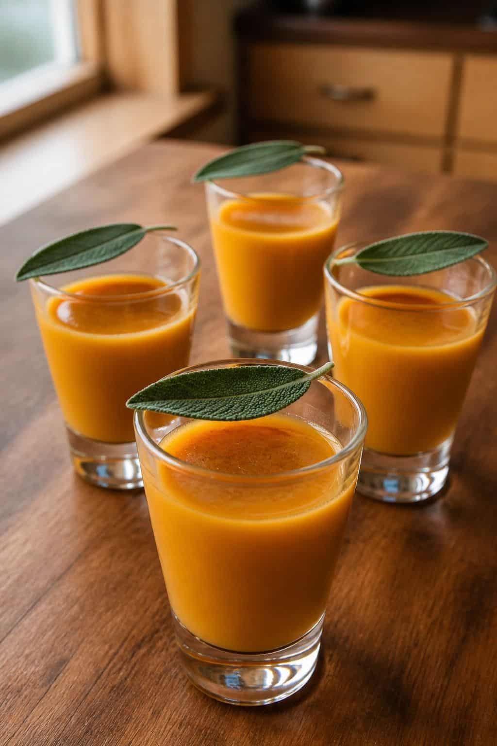 Butternut Squash Soup Shooters Creamy butternut squash soup shooters in small glasses on a warm kitchen counter.
