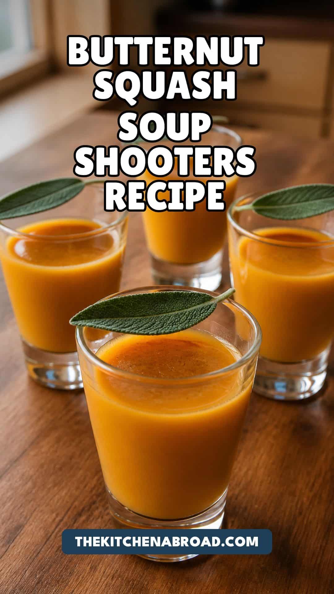 Butternut Squash Soup Shooters Butternut squash soup shooters recipe pin with creamy orange soup in small glasses.