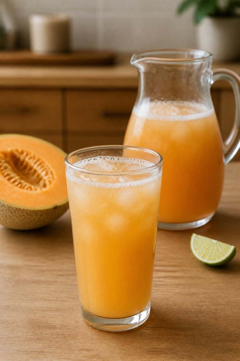 Cantaloupe juice served over ice in a clear glass with a pitcher beside it.