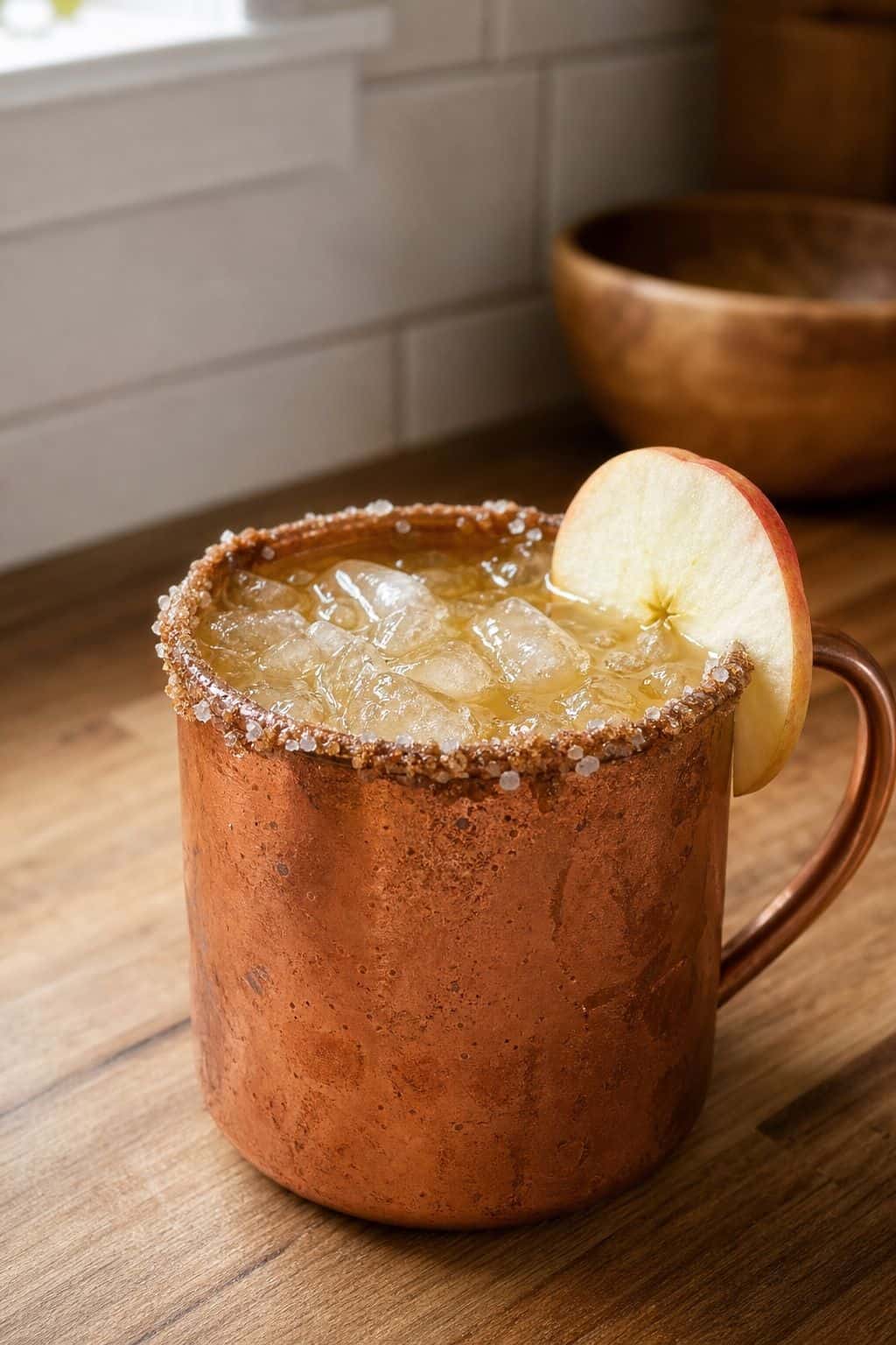 Caramel Apple Mule Recipe Caramel apple mule in a copper mug with ice, a salted caramel rim, and apple slice