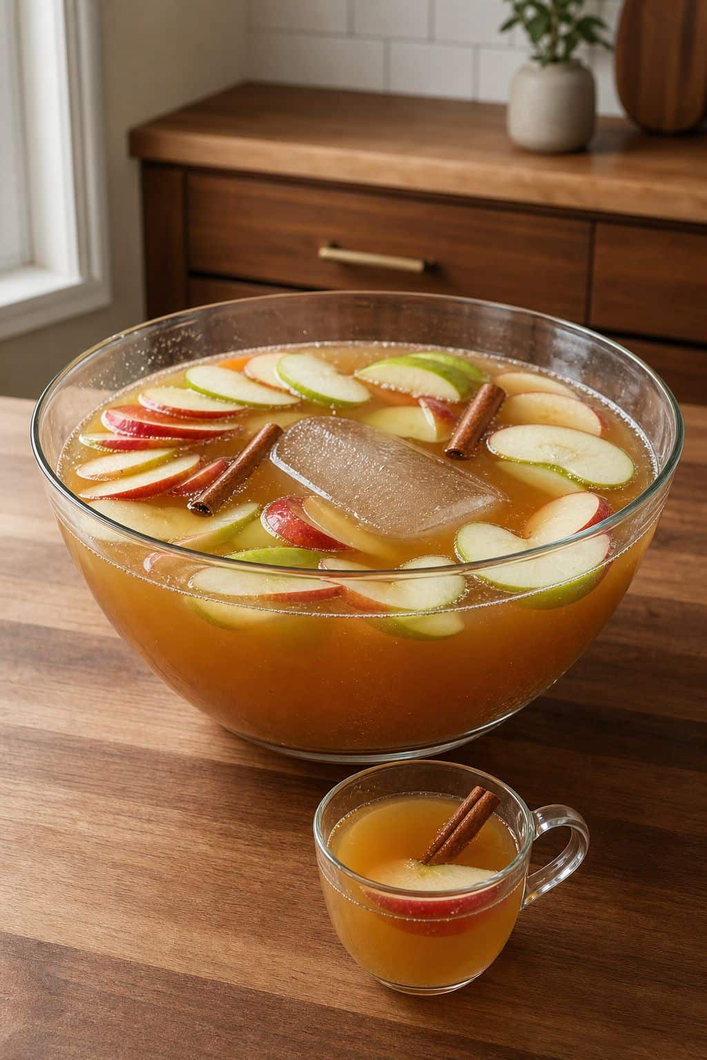 Caramel Punch: Caramel Apple Punch for a Crowd Clear punch bowl of amber caramel apple punch with a block of ice, red and green apple slices and cinnamon sticks, and a glass punch cup on a wooden counter
