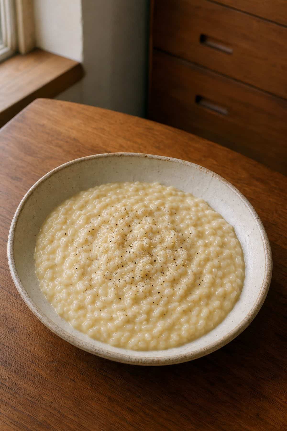 Carnaroli Risotto That Tastes Like It Came From an Italian Kitchen Creamy Carnaroli risotto in a ceramic bowl on a warm kitchen table.