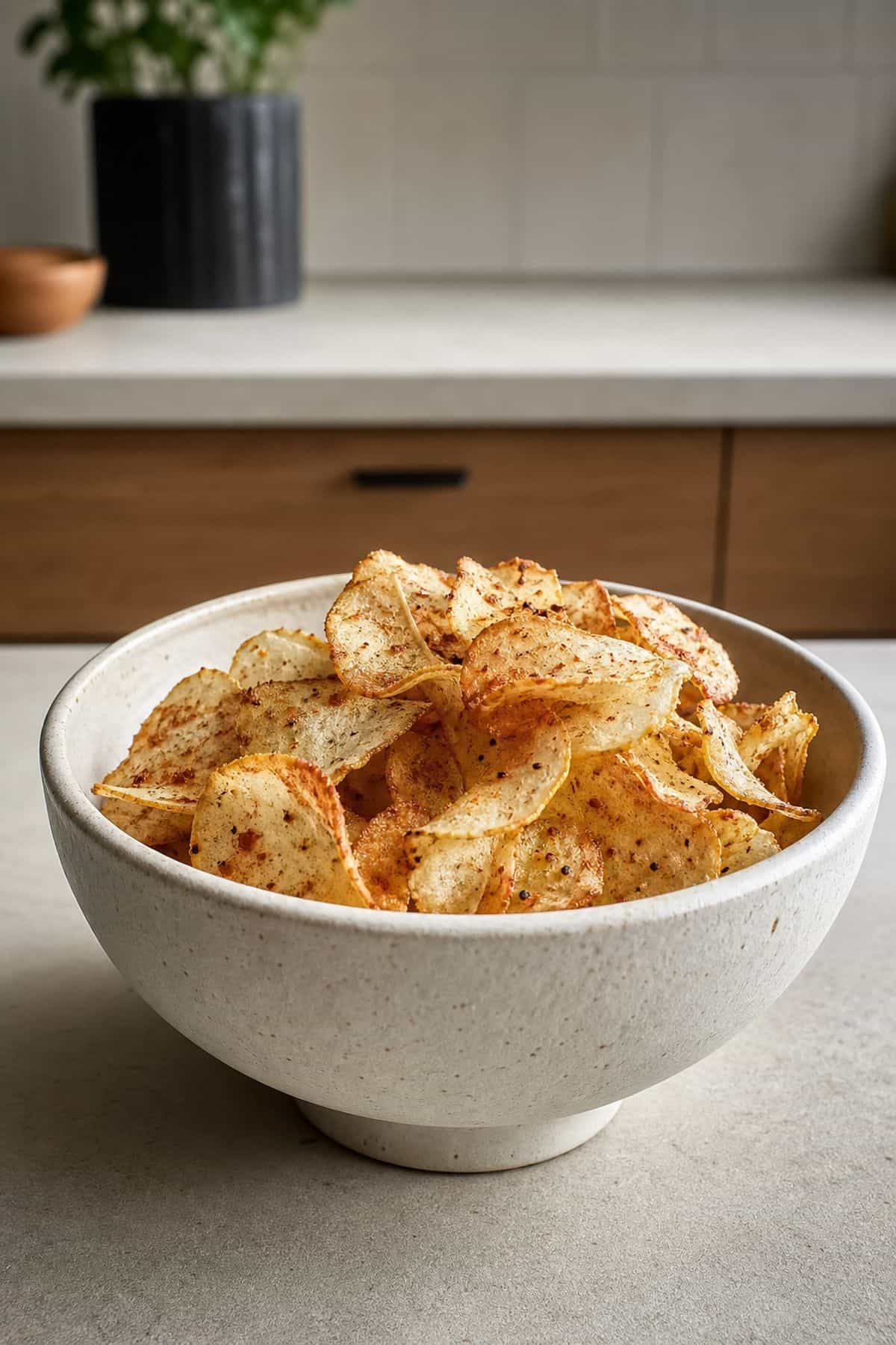 Crisp homemade celeriac chips in a ceramic bowl.