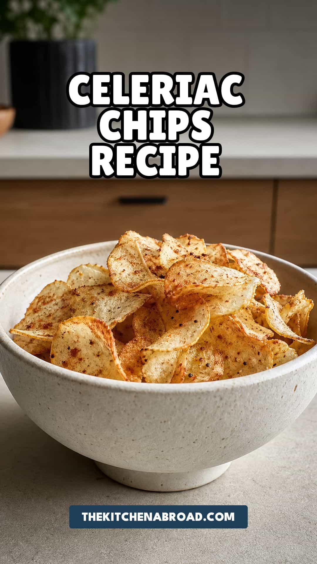 Celeriac chips recipe pin with a bowl of crisp homemade celery root chips.