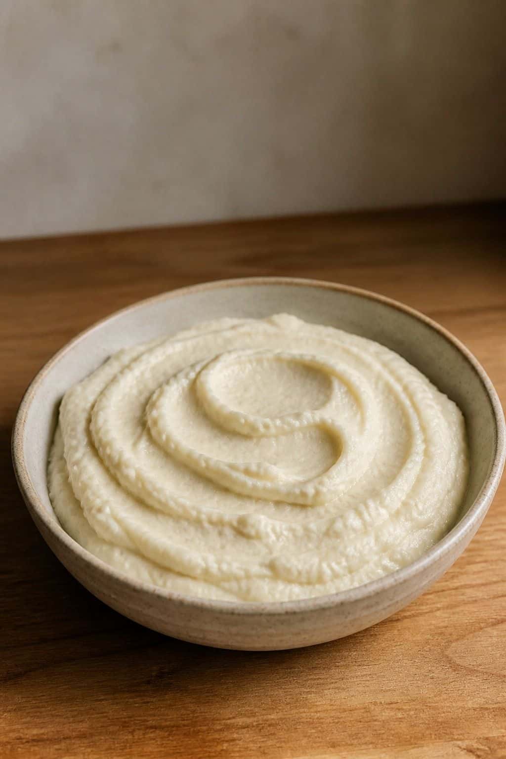Silky celeriac puree in a shallow ceramic bowl on a warm wooden kitchen surface