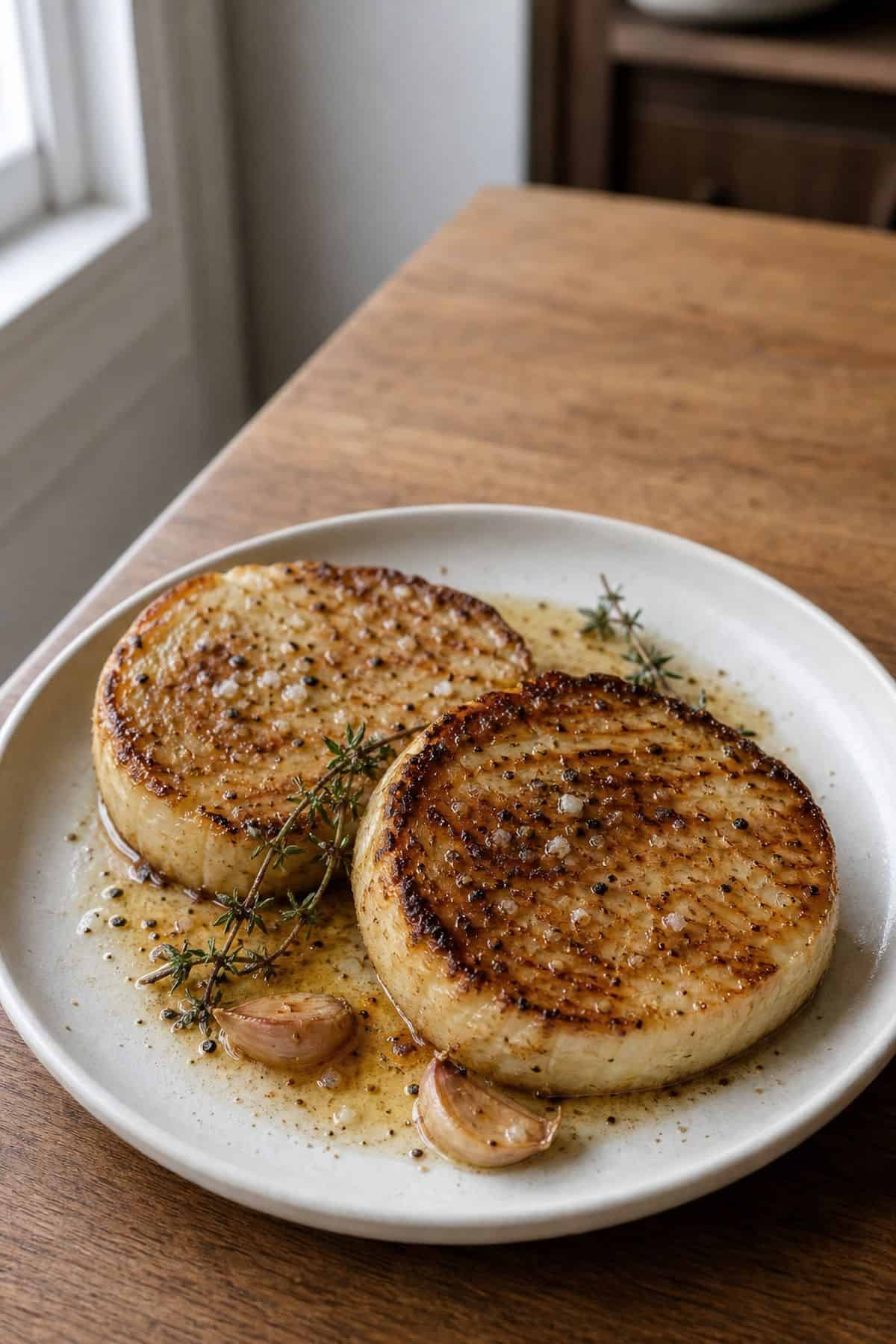 Celeriac Steak That Will Make You Forget About Meat Celeriac steak slabs seared with brown butter, thyme, garlic, black pepper, and flaky salt.