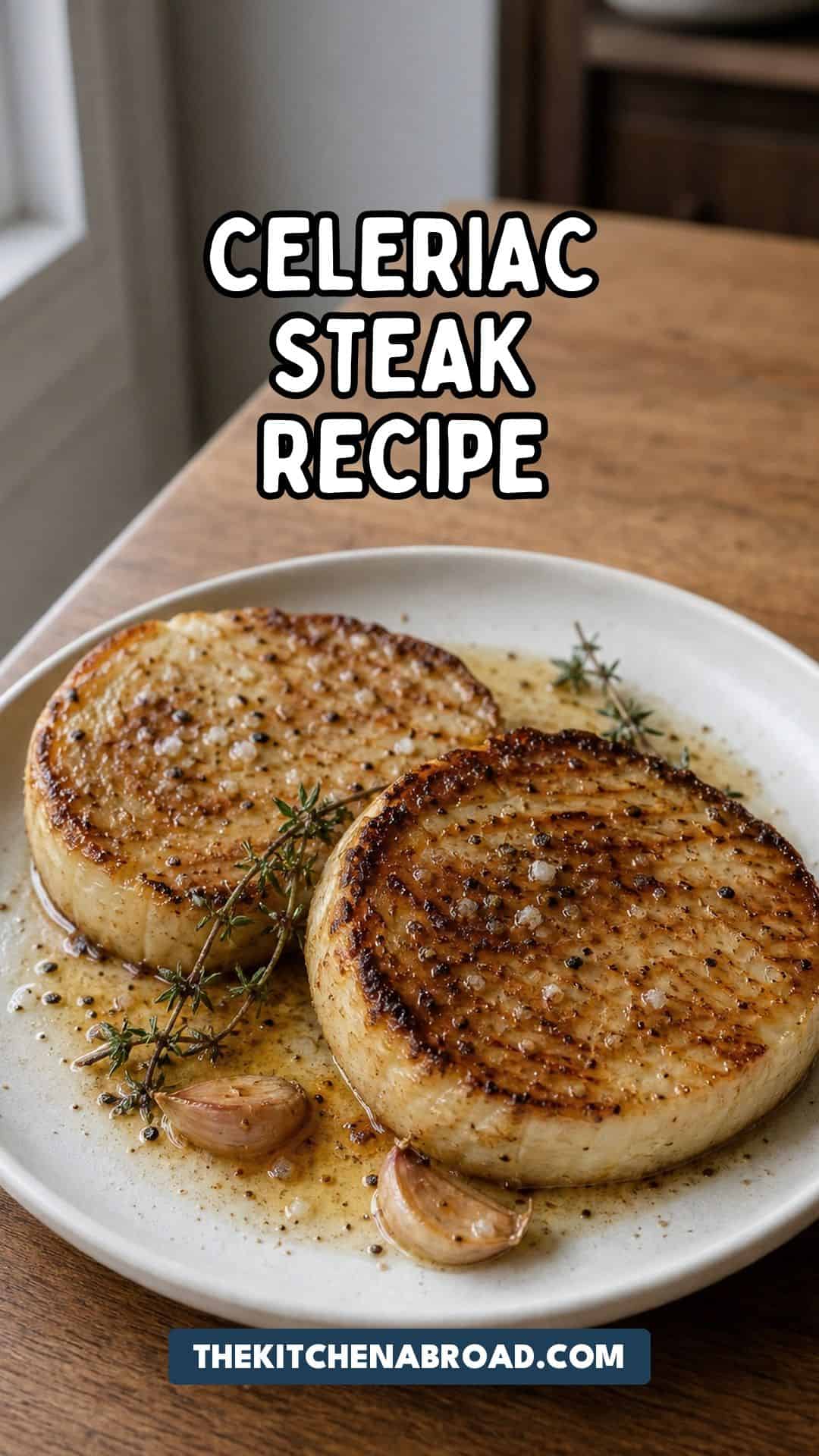 Celeriac Steak That Will Make You Forget About Meat Celeriac steak recipe pin with seared celeriac slabs, thyme, garlic, and brown butter.